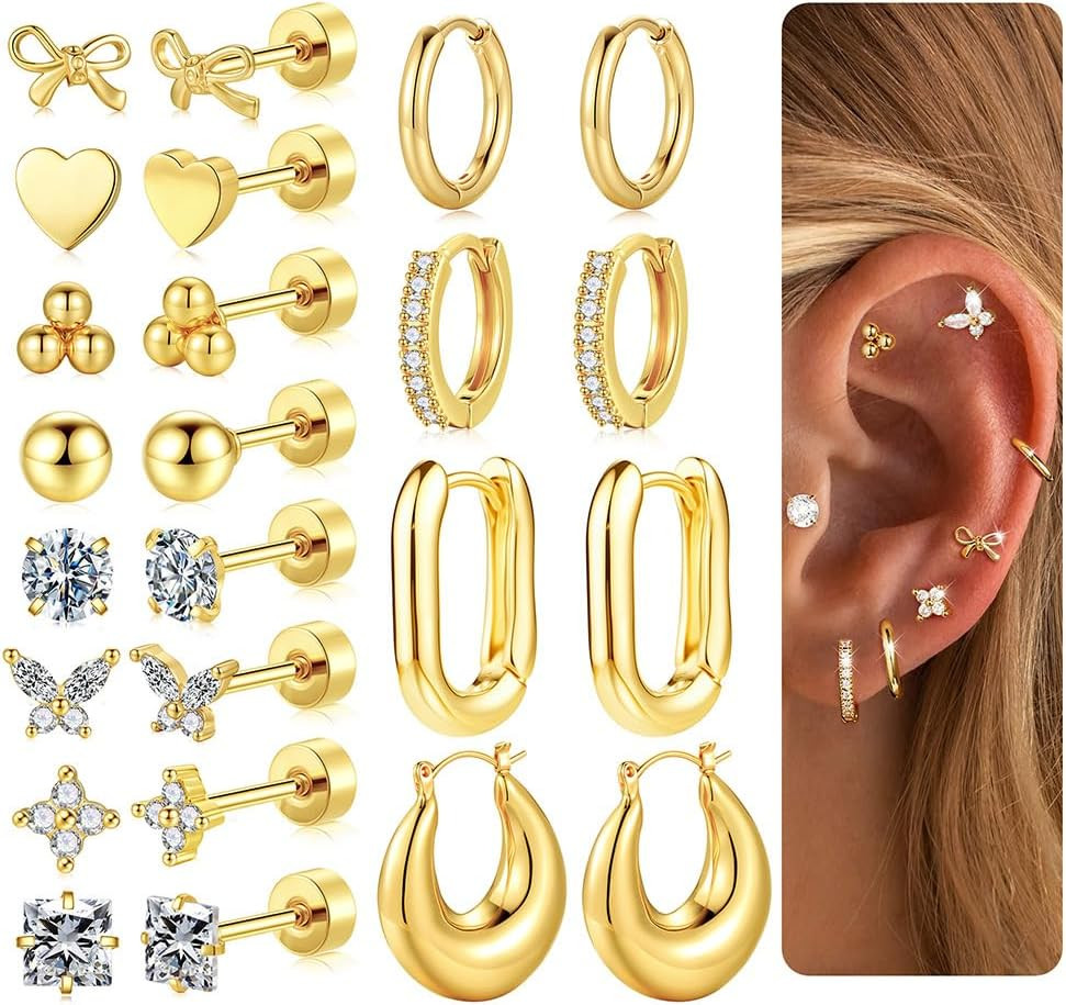 Flat Back Stud Earrings for Women - 14K Gold Chunky Hoop Earrings Hypoallergenic