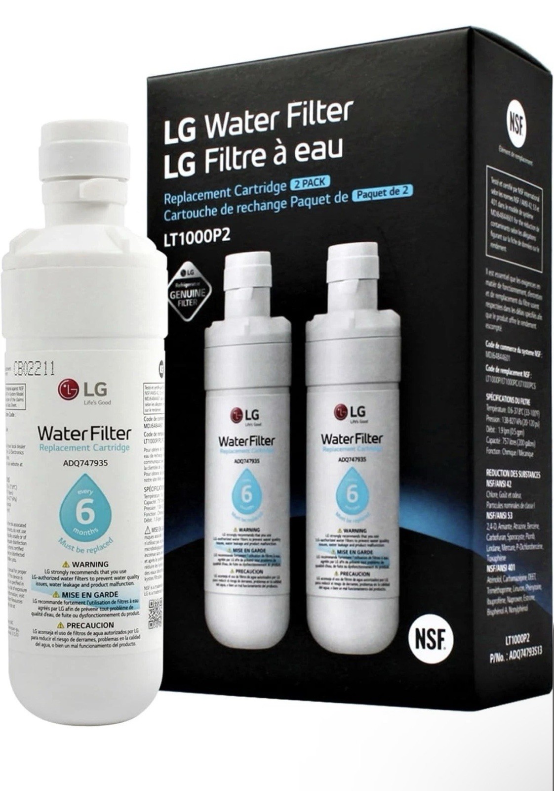 LG LT1000P2 Refrigerator Water Filter 2 Pack 6 Month 200 Gallon White