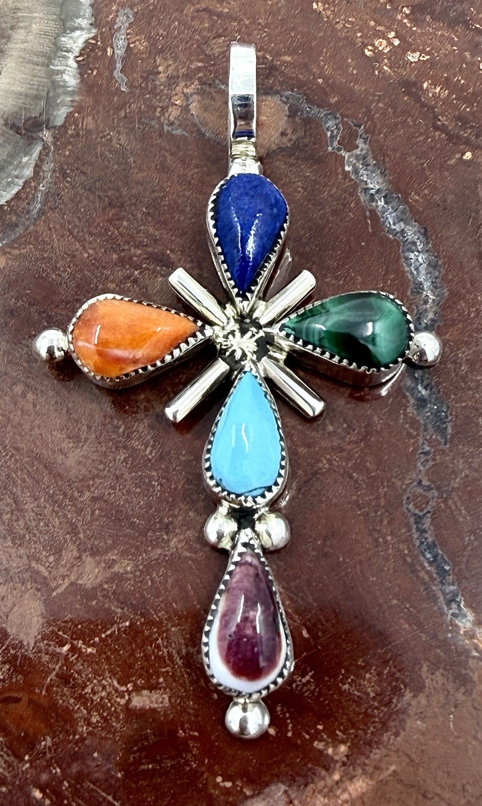 Zuni Artist Phyllis Coonsis Cross Pendant Lapis Turquoise Malachite Spiny Oyster