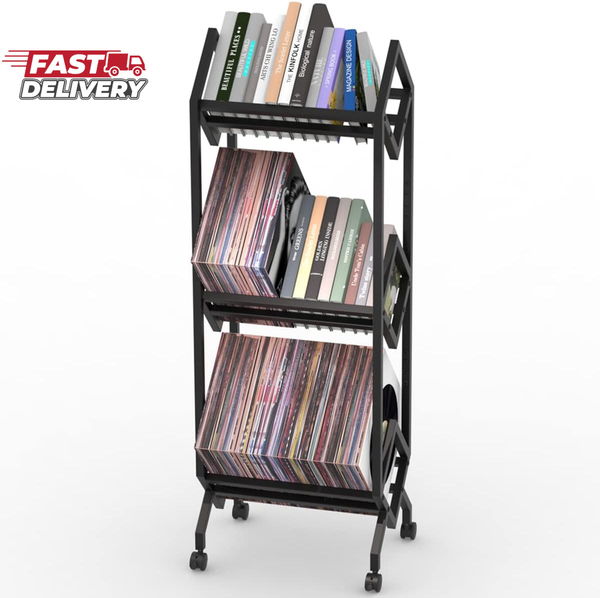 Mobile Vinyl Record Storage Rack, LP Storage Shelf, Record Holder for Albums, Ma