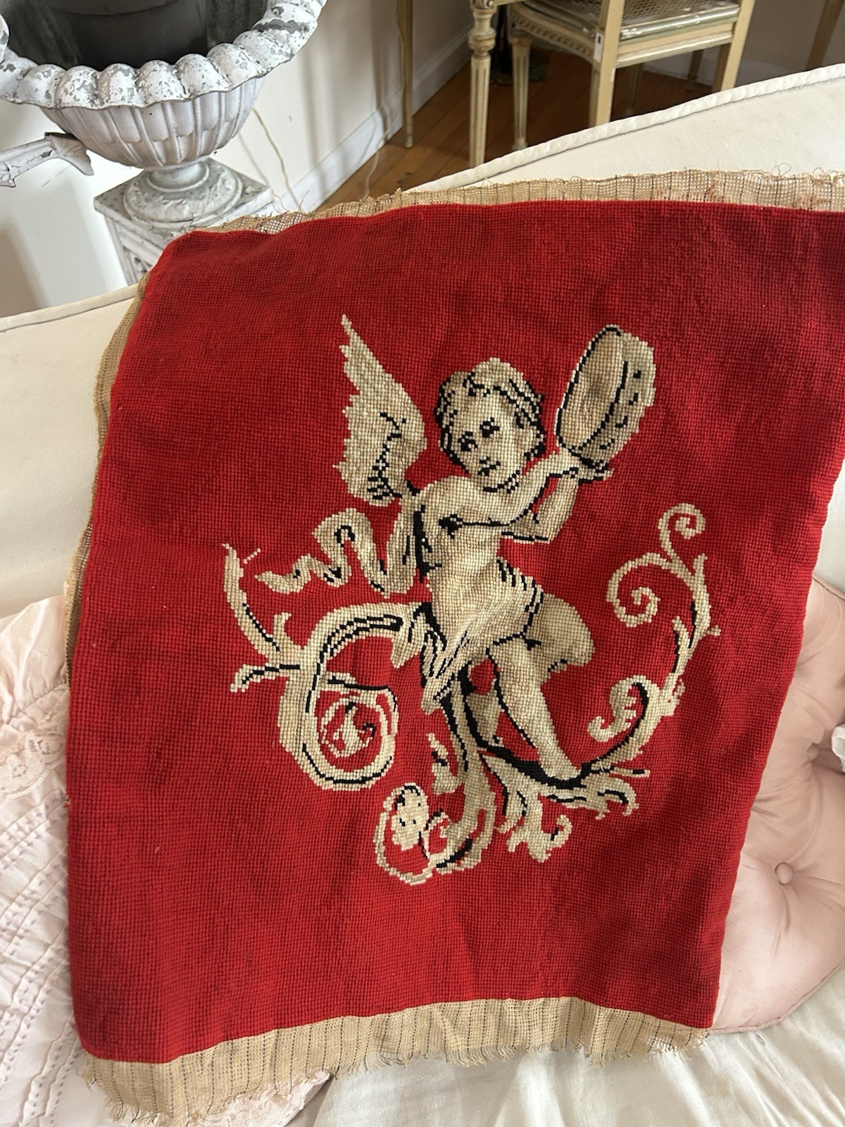 Vintage French Needlepoint Romantic Tapestry Cherub 19x21