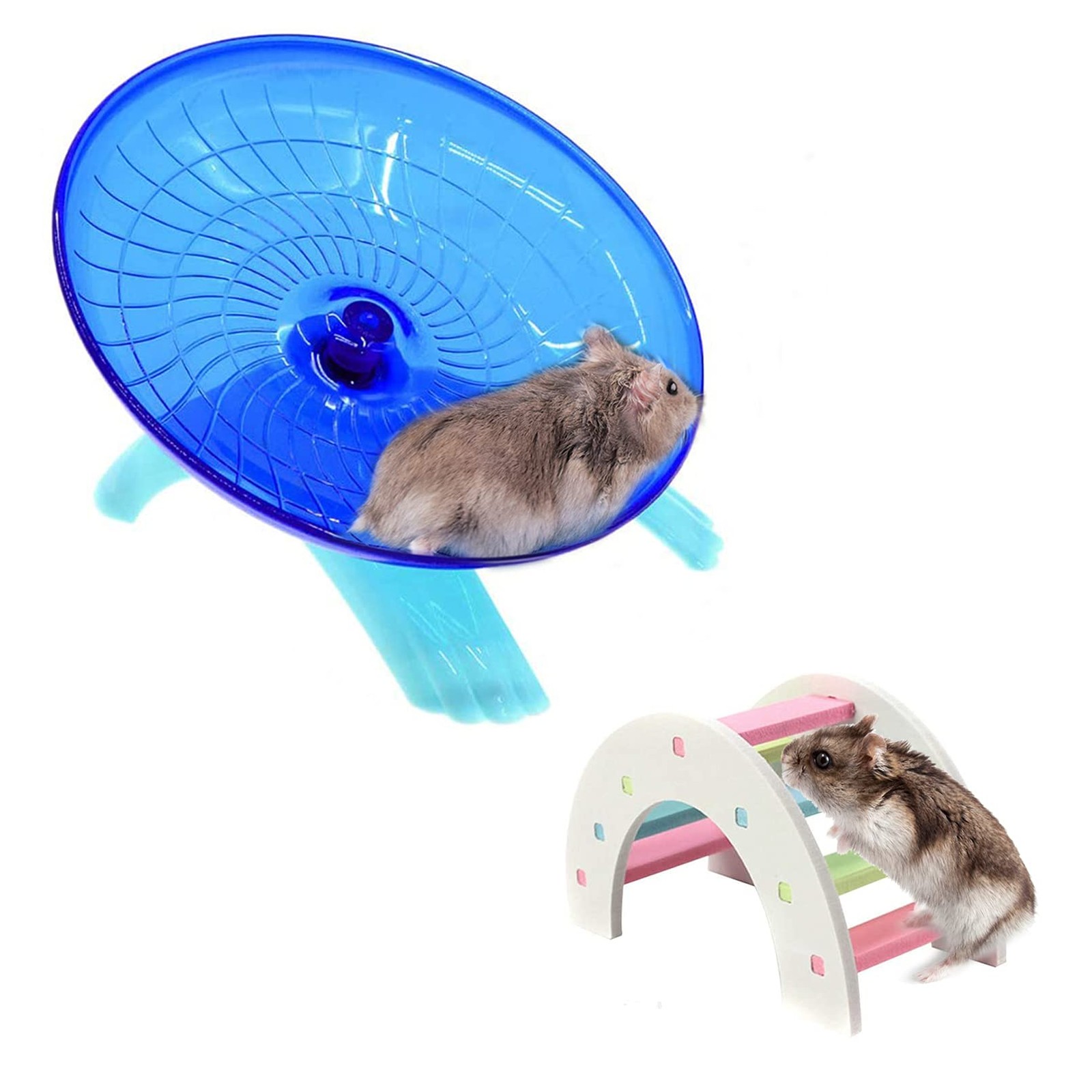 2 Pack Dwarf Hamster Flying Saucer Exercise Wheel Toy & Wood Rat Bridge Rainb