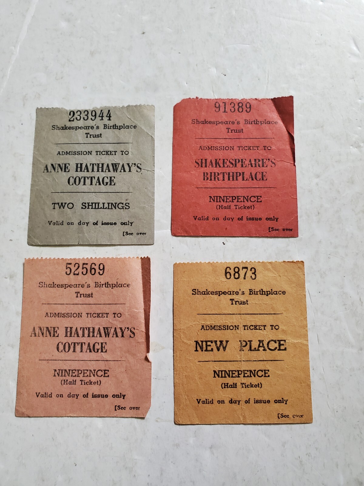 4 Shakespeare's Birthplace Trust Tickets Anne Hathaway New Place Vintage Bx1-4