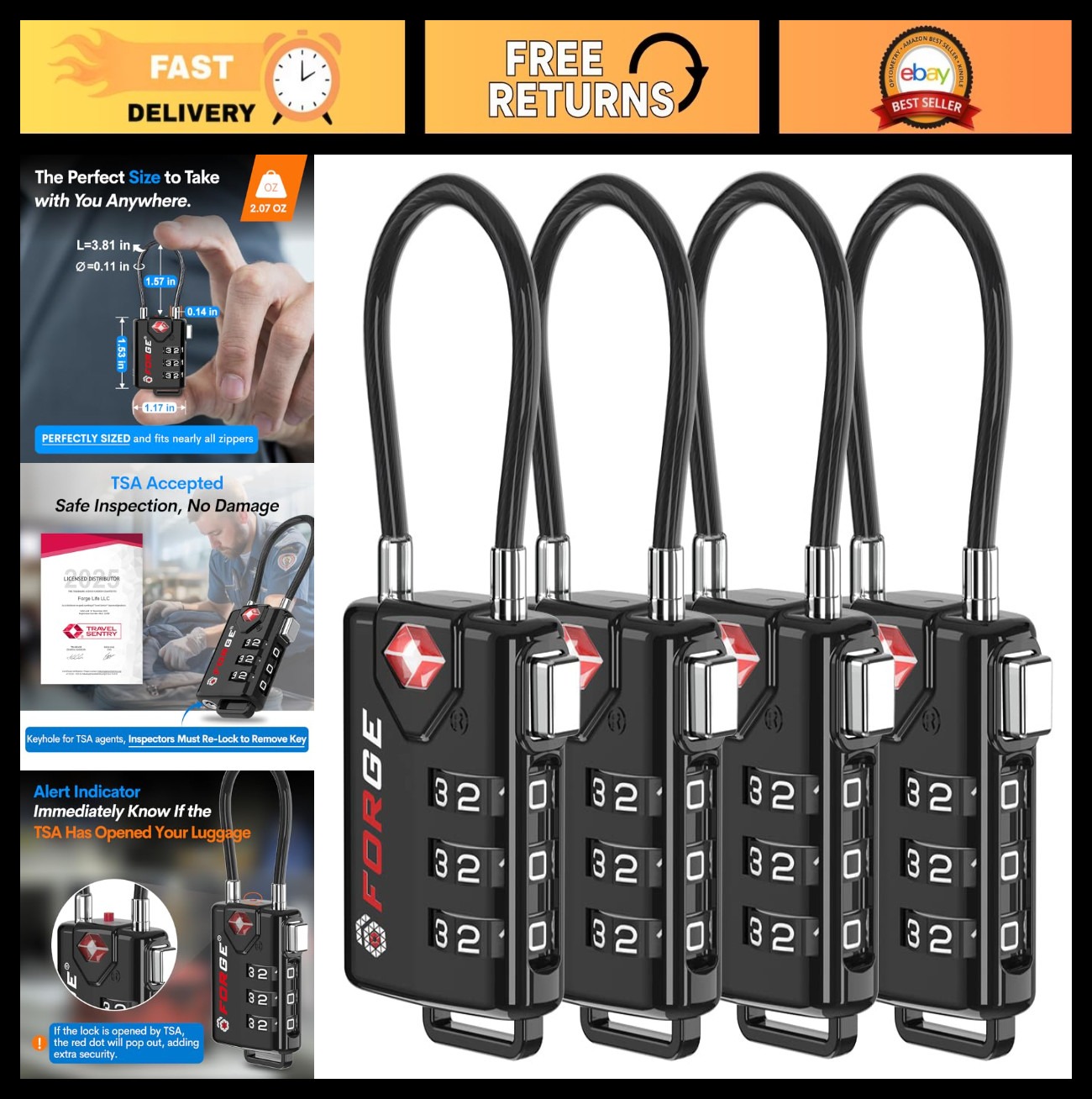 TSA Approved Cable Luggage Locks - Resettable Combination, Durable Alloy Body