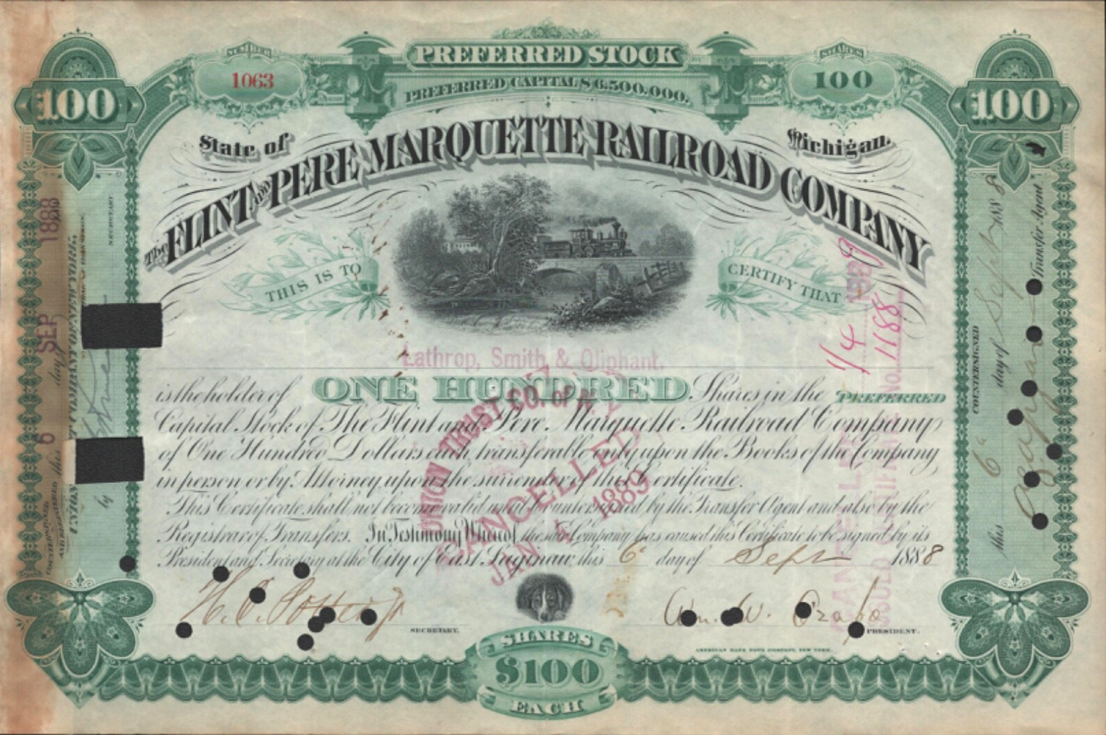 1888 FLINT AND PERE MARQUETTE RAILROAD COMPANY antique stock certificate # 1063