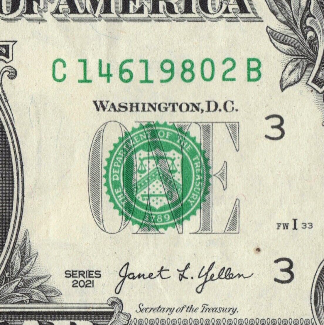 Year Note 1980 in the Serial Number $1 Dollar Bill Center Position C146196802B