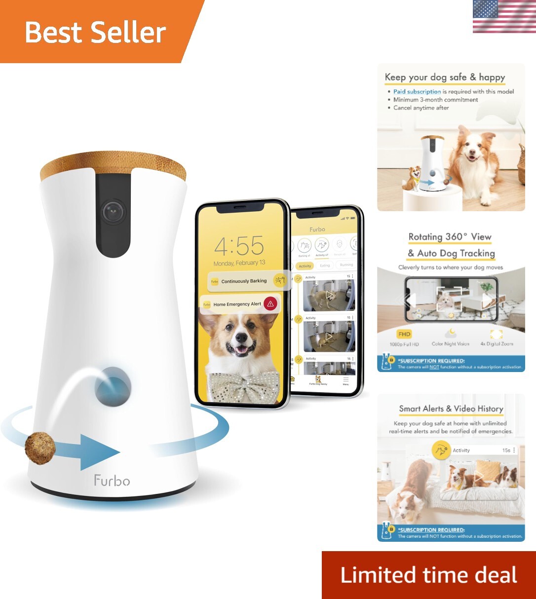 360° Wide-Angle Dog Camera with Selfie Alerts and 2-Way Audio Communication