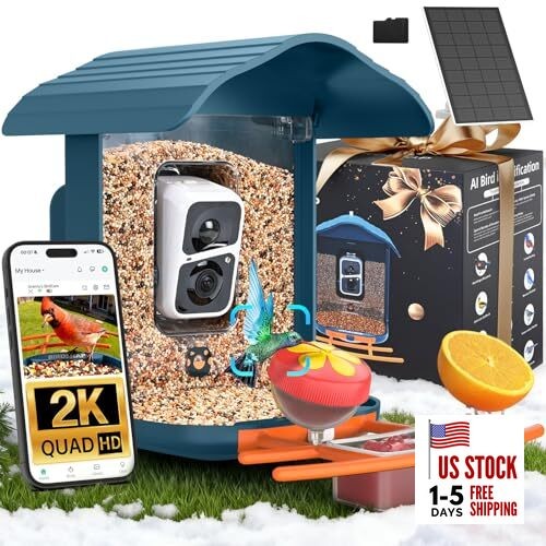  PAV-Bird Feeder with Camera,2K HD with 64GB Card, AI Identify Smart Bird Blue