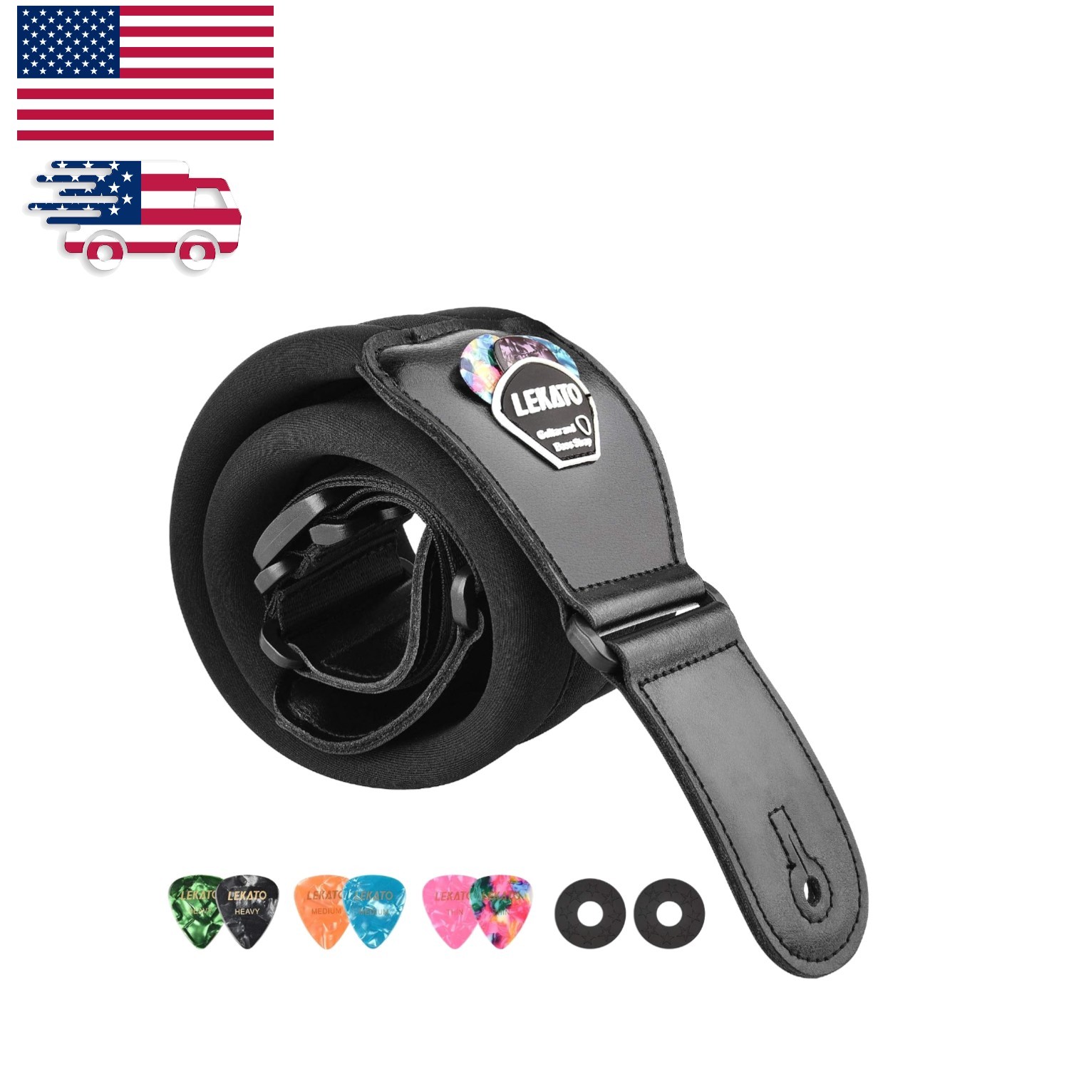 Black Padded Bass Guitar Strap – Adjustable 38" to 47", Includes Accessory Picks