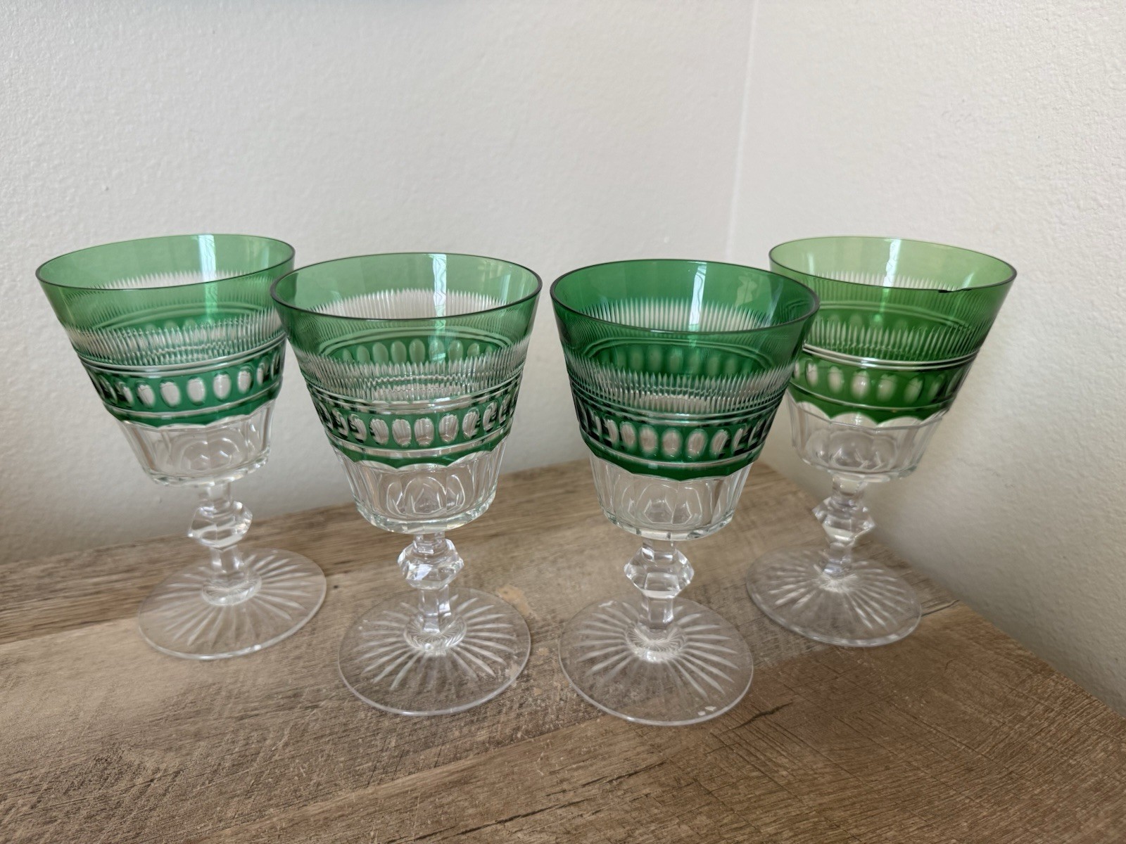 Vintage Aperitif Green Glasses Clear Cut Crystal Glass Set Of 4