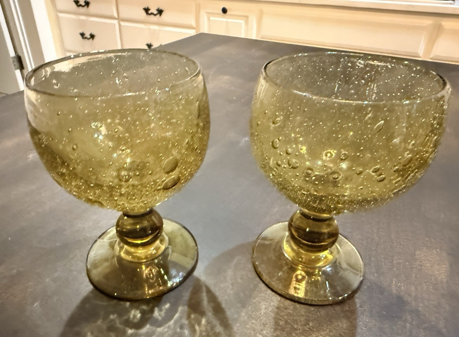 RARE MCM Set Of 2 HANDBLOWN LaVerrerie De Biot Amber Gold Bubbly Wine Goblets