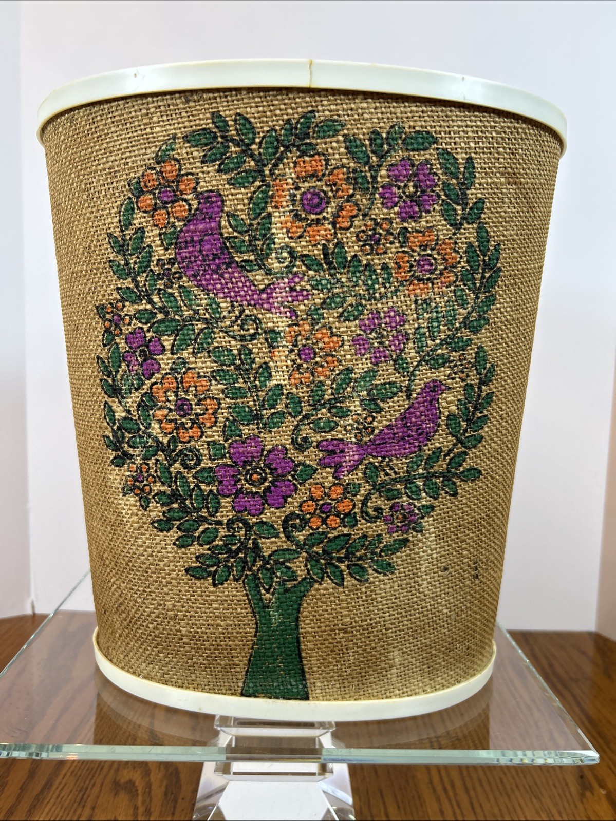 VTG Hallman Created MCM Burlap Waste Basket RARE Design Green Orange Purple READ