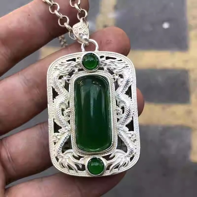 Double Dragon Play Pearl Pendant,green Jade Inlaid Hollow Xizang Silver Pendant