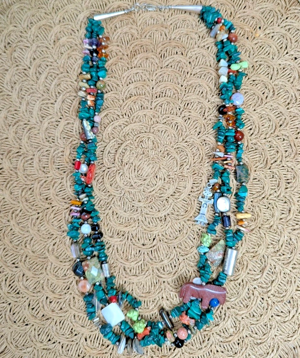 Women's Vtg Navajo Sterling Silver Malachite Multi Strand Gemstone 26" Necklace 