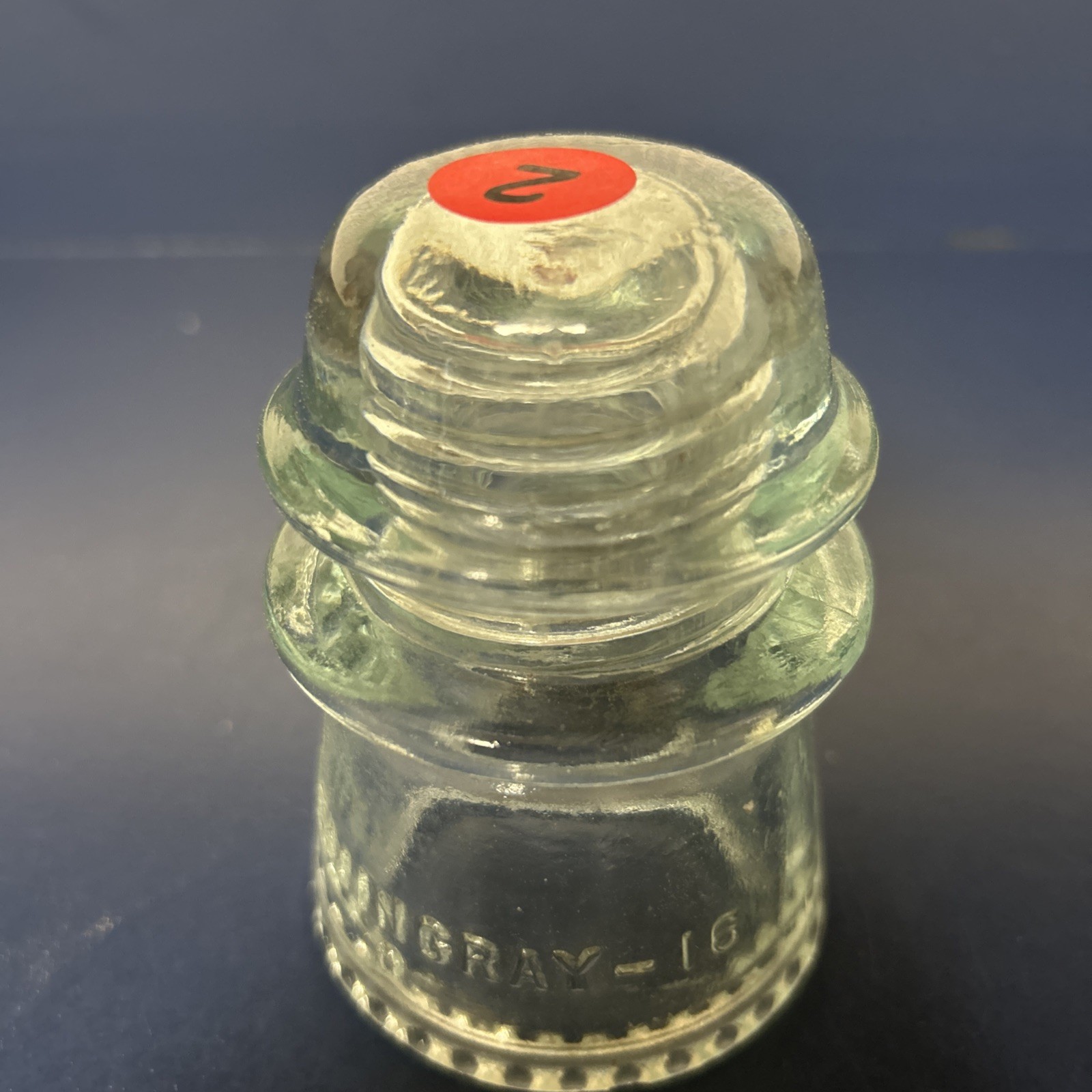 HEMINGRAY-16 Antique Glass Insulator Clear/Blue with White Lettering