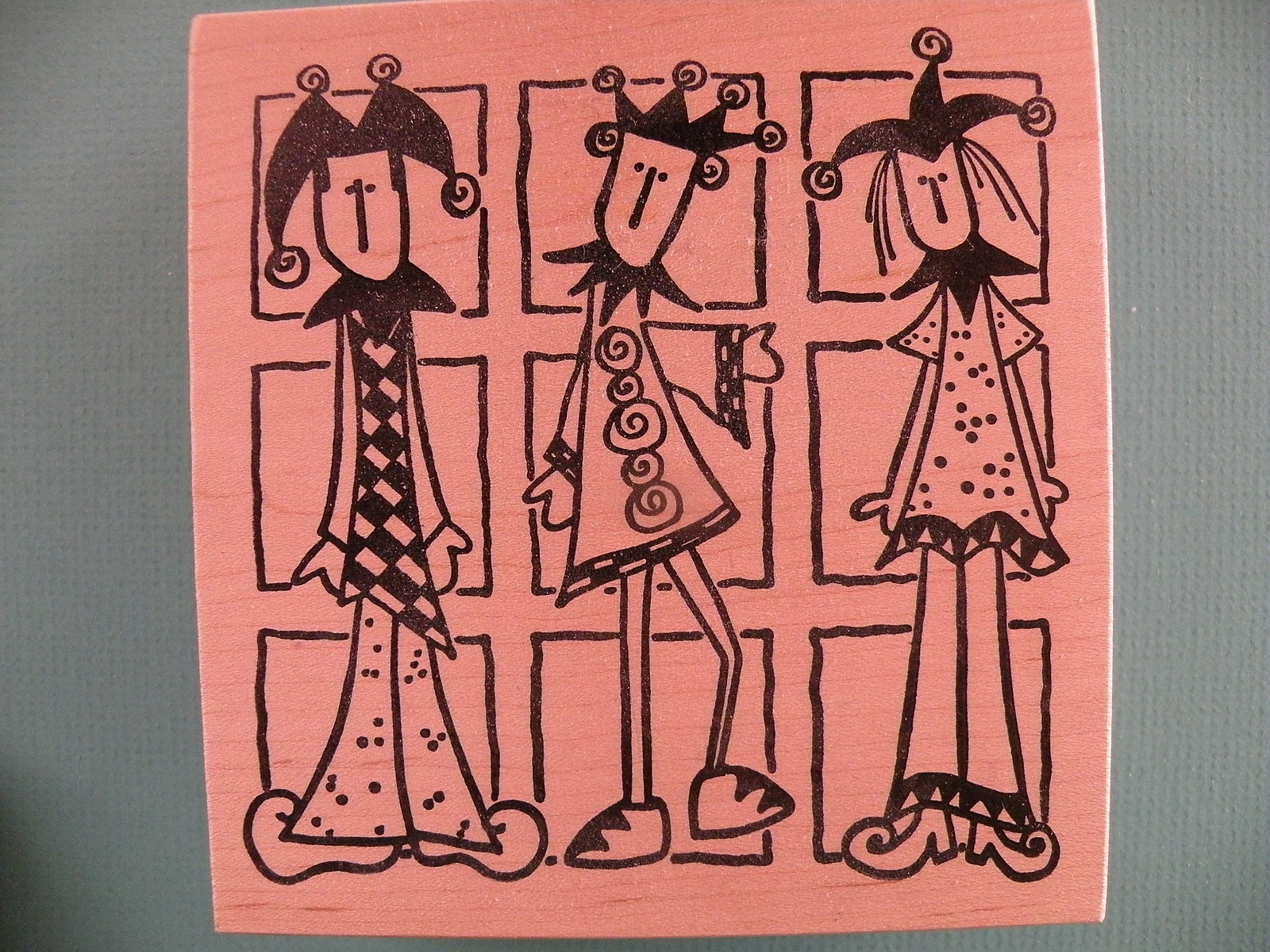 Three Jokers/Jesters in Square, Large MAGENTA Rubber Stamp UNUSED