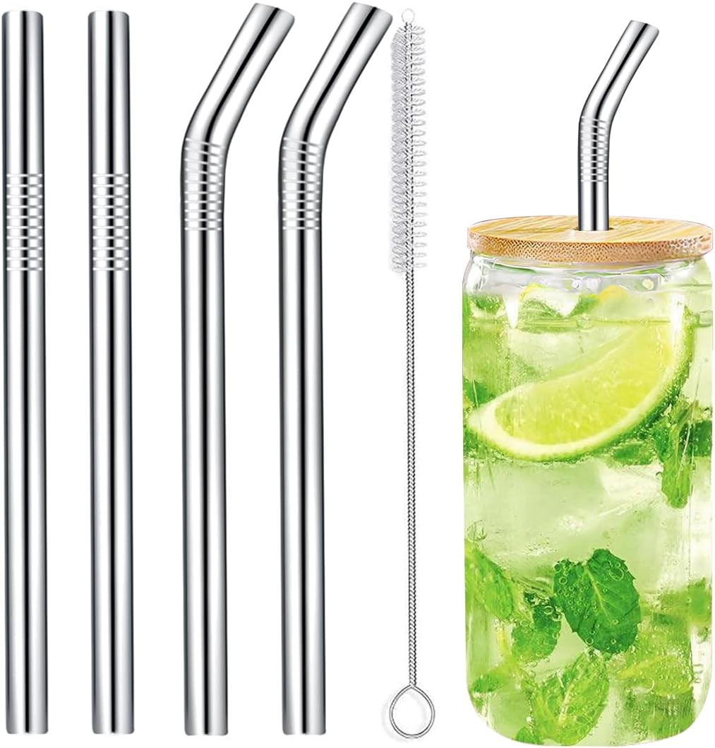 Jumbo Smoothie Straws Stainless Steel, Set of 4 Metal Milkshake Straw 0.4" Wide 