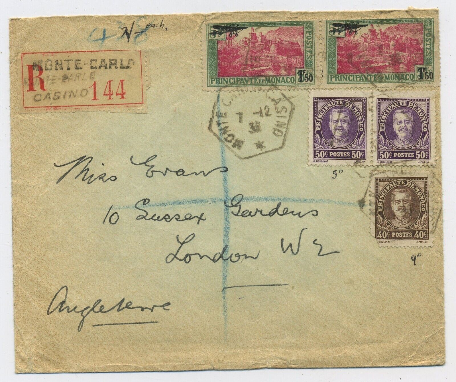 MONACO w MONTE CARLO CASINO Cancels - 1936  REG Cover to UK - C1 x 2 AIR MAIL !!