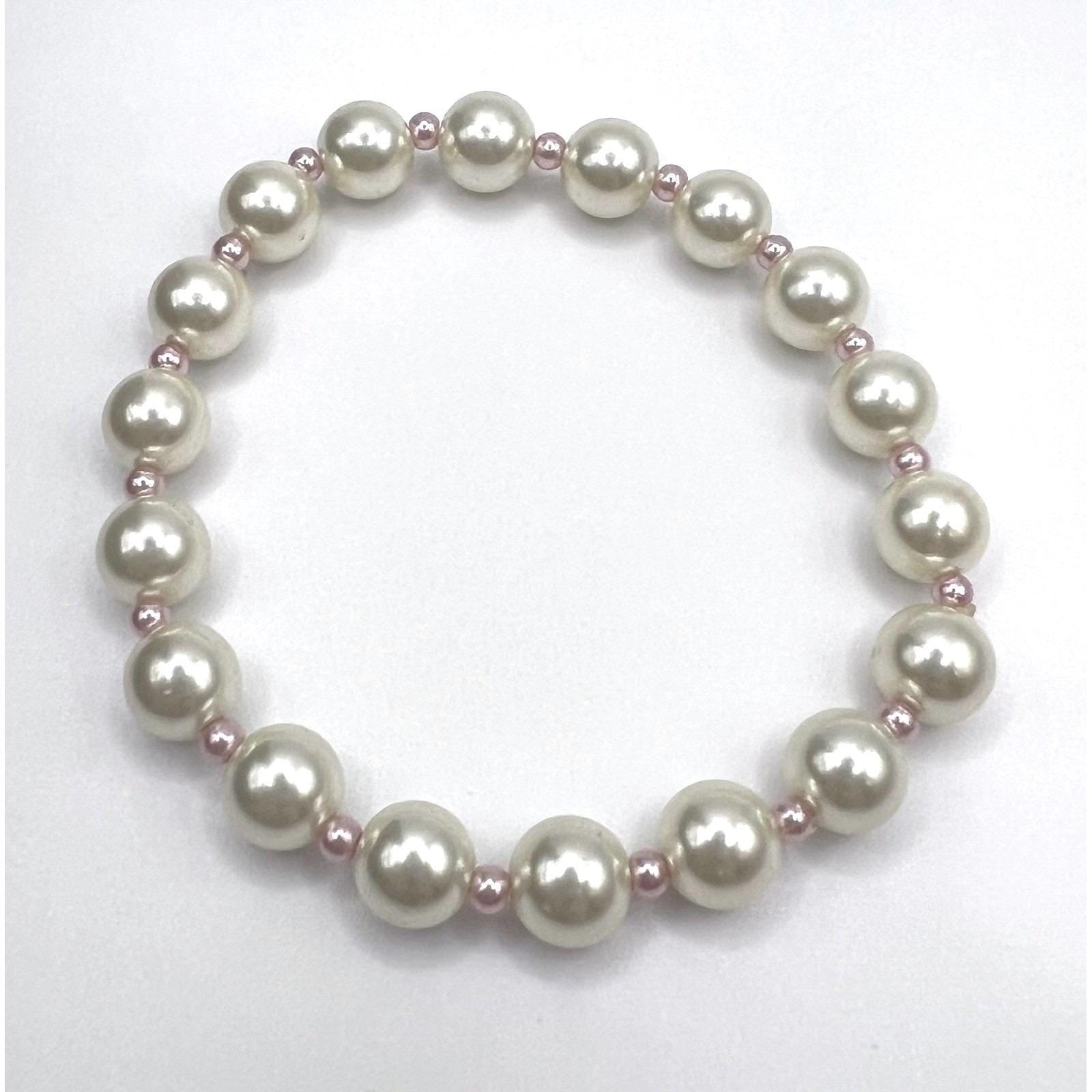 Girls 6" Childrens Pearl Beaded Stretch Bracelet Pink Accent Beads