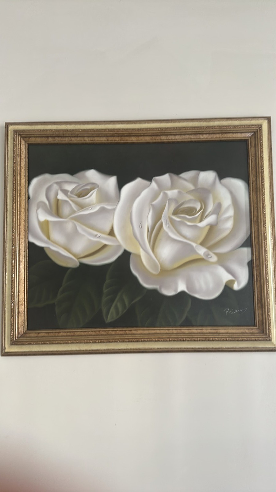 Vintage Original Oil Painting Framed Two White Roses Floral Still Life Art