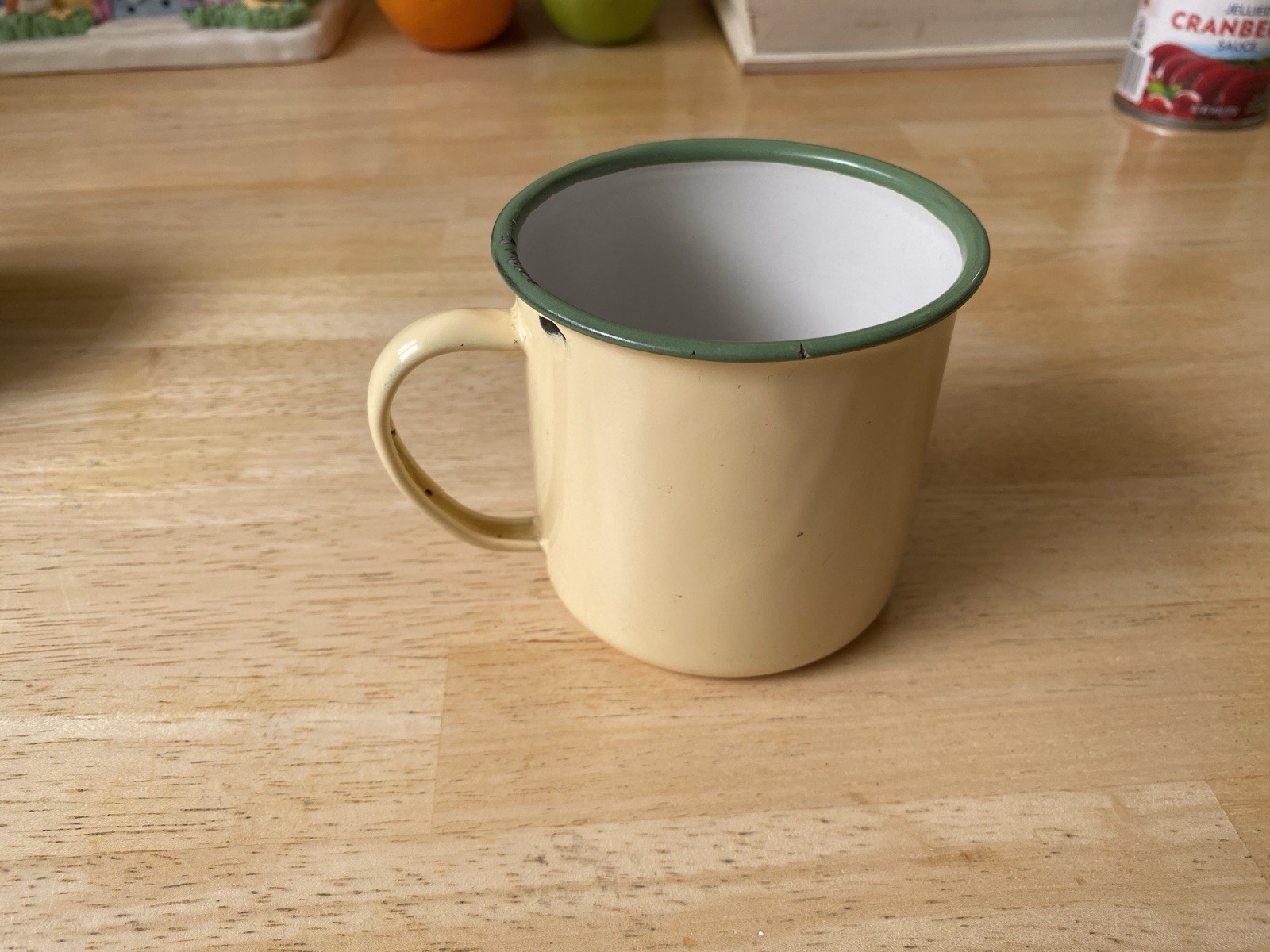 Lrg. Vintage Cream & Green Enamelware Cup