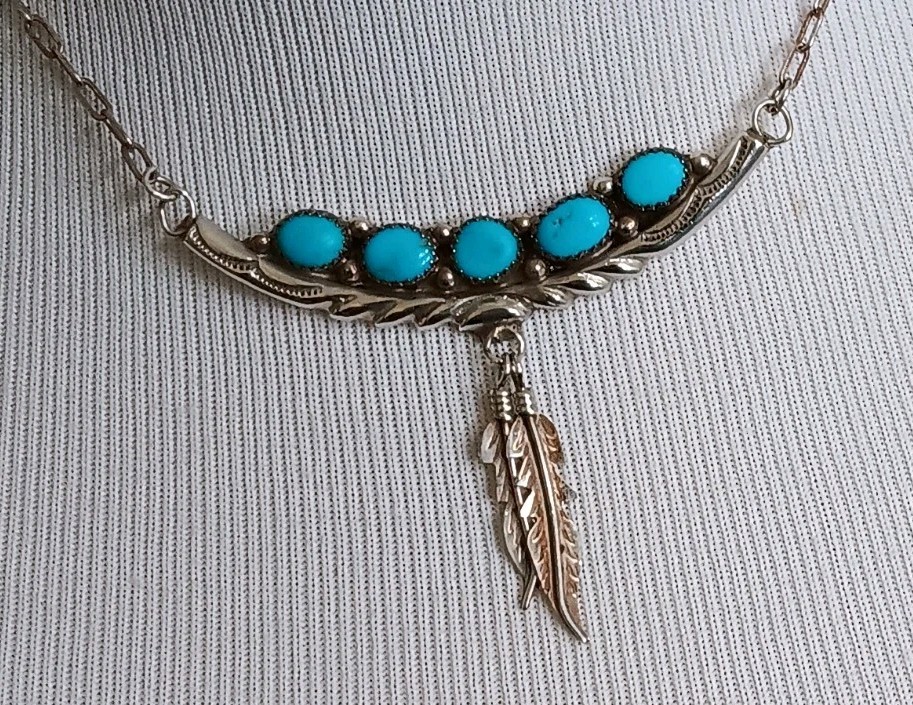 VTG. SIGNED ESTATE 5 NATURAL TURQUOISE CABACHONS IN FEATHER NECKLACE 16 " $190.