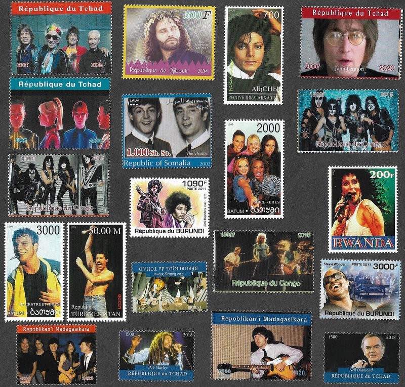 MUSIC POP ROCK STARS GROUPS SINGERS 20 ALL DIFFERENT STAMPS COLLECTION 7/3/26 D