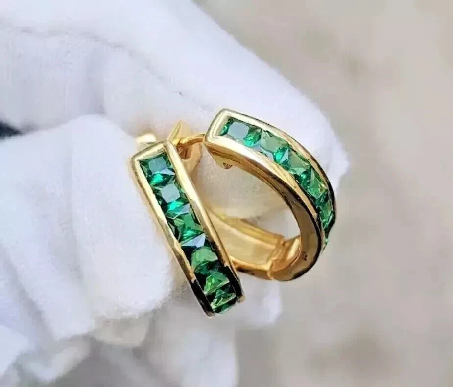 Princess Cut Lab-Created Emerald Stunning Hoop Earrings 14k Yellow Gold Plated