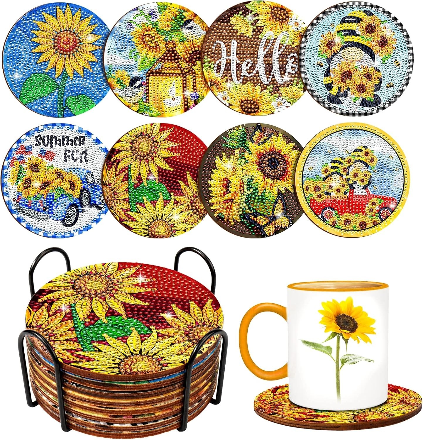 8PCS Sunflower Diamond Art Coasters DIY Craft Kit with Holder