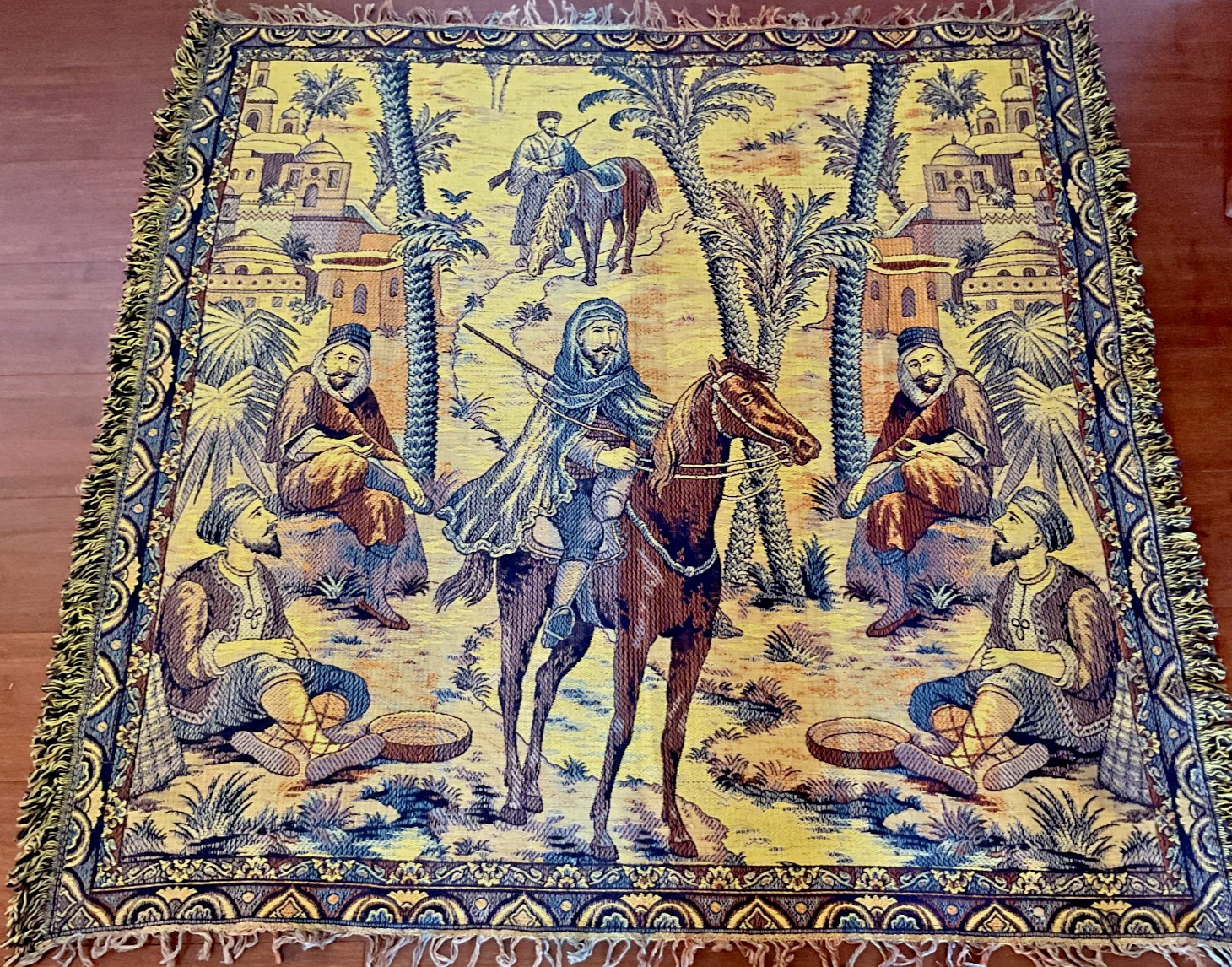 Vtg Arabian Tapestry Horses Hunting Middle East  Ancient Times  palm Trees