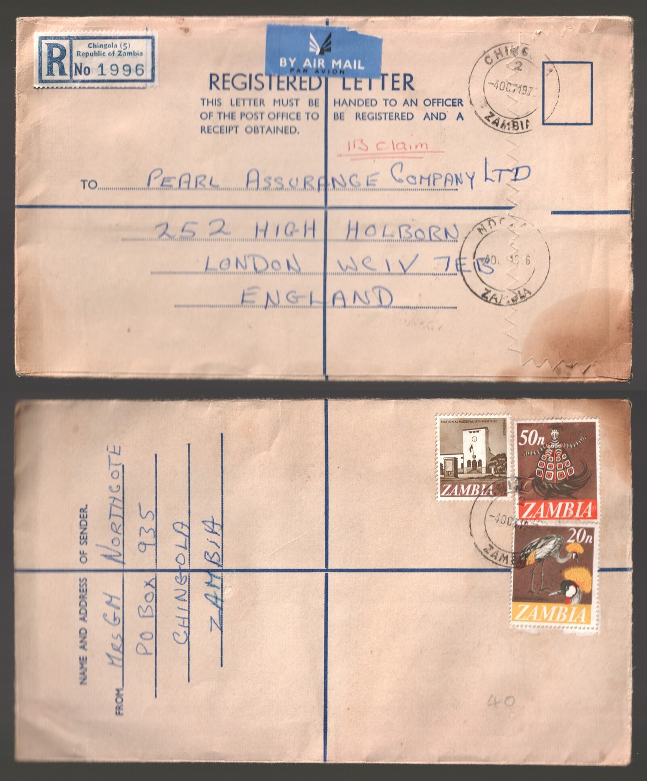 1976 Zambia Chingola registered cover to England