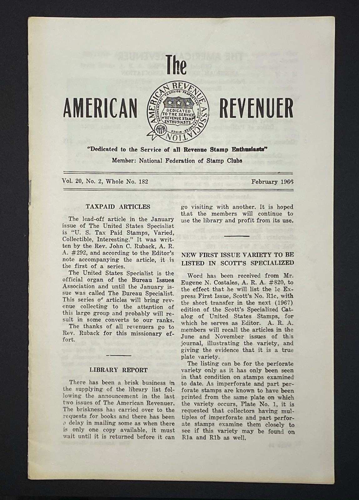 The American Revenuer Volume 20 No 2 Whole No 182 February 1966 Stamp Ephemera