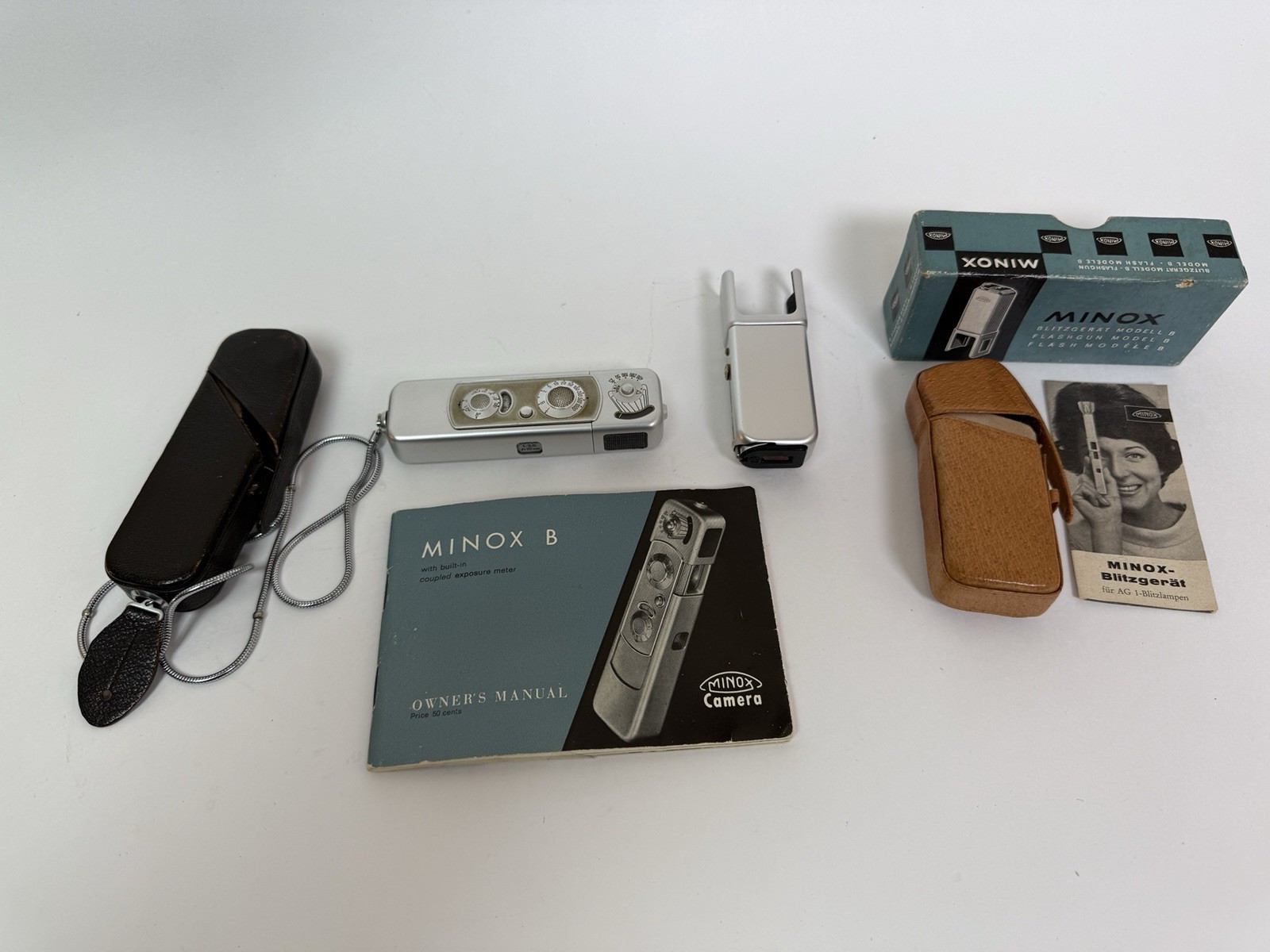 MINOX B Camera w/ Flash, Manual, Cases, Chain. German Subminiature Film Camera