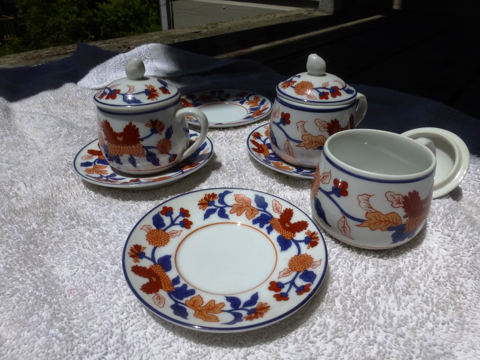 Japanese Imari China FITZ & FLOYD 3x TEA CUP w LID PORCELAIN Demi Cups & Saucers