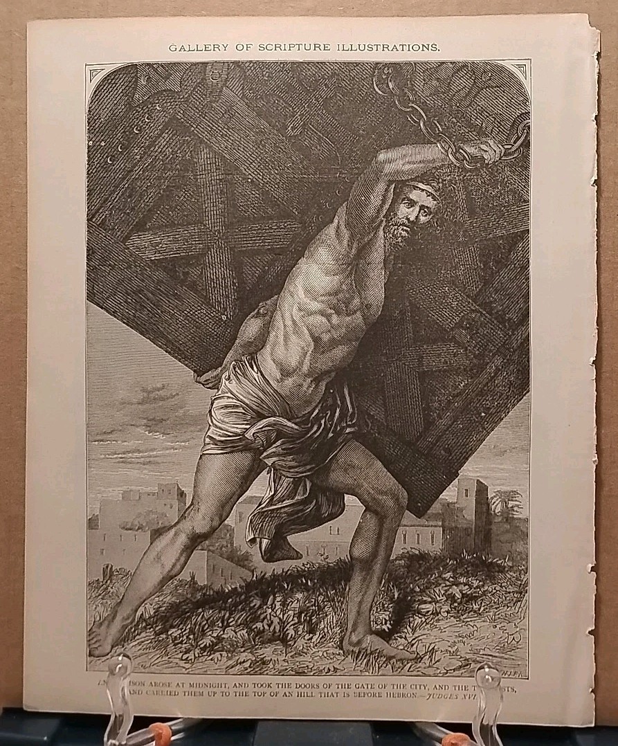 1884 - Vintage SAMSON AND THE GATE OF THE CITY Antique Bible Print from 1800s