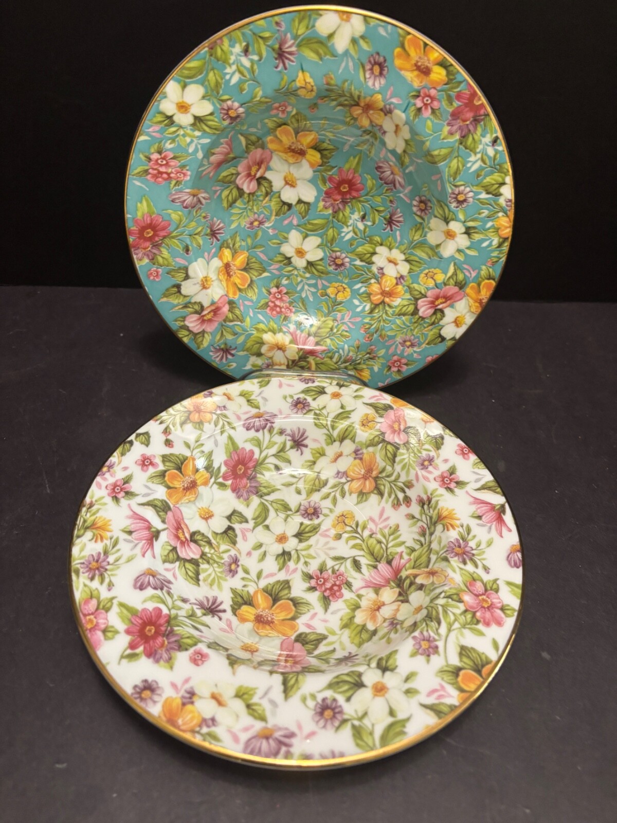 2 Bethany Chintz Dessert RIM SOUP BOWLS Staffordshire England 8" on Blue & White