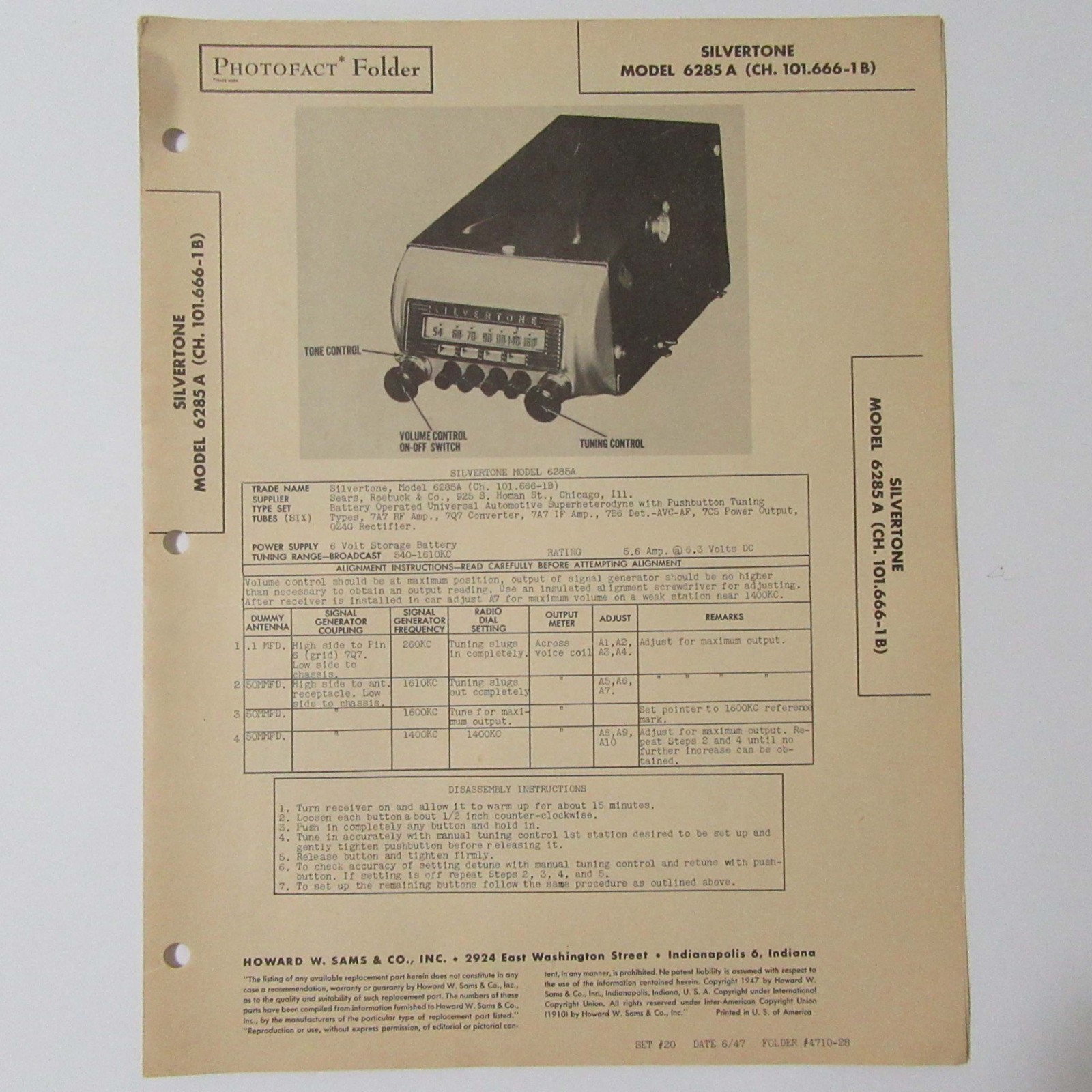 Silvertone Model 6285 A Universal Automotive AM Radio SAMS Photofact ™ 1947