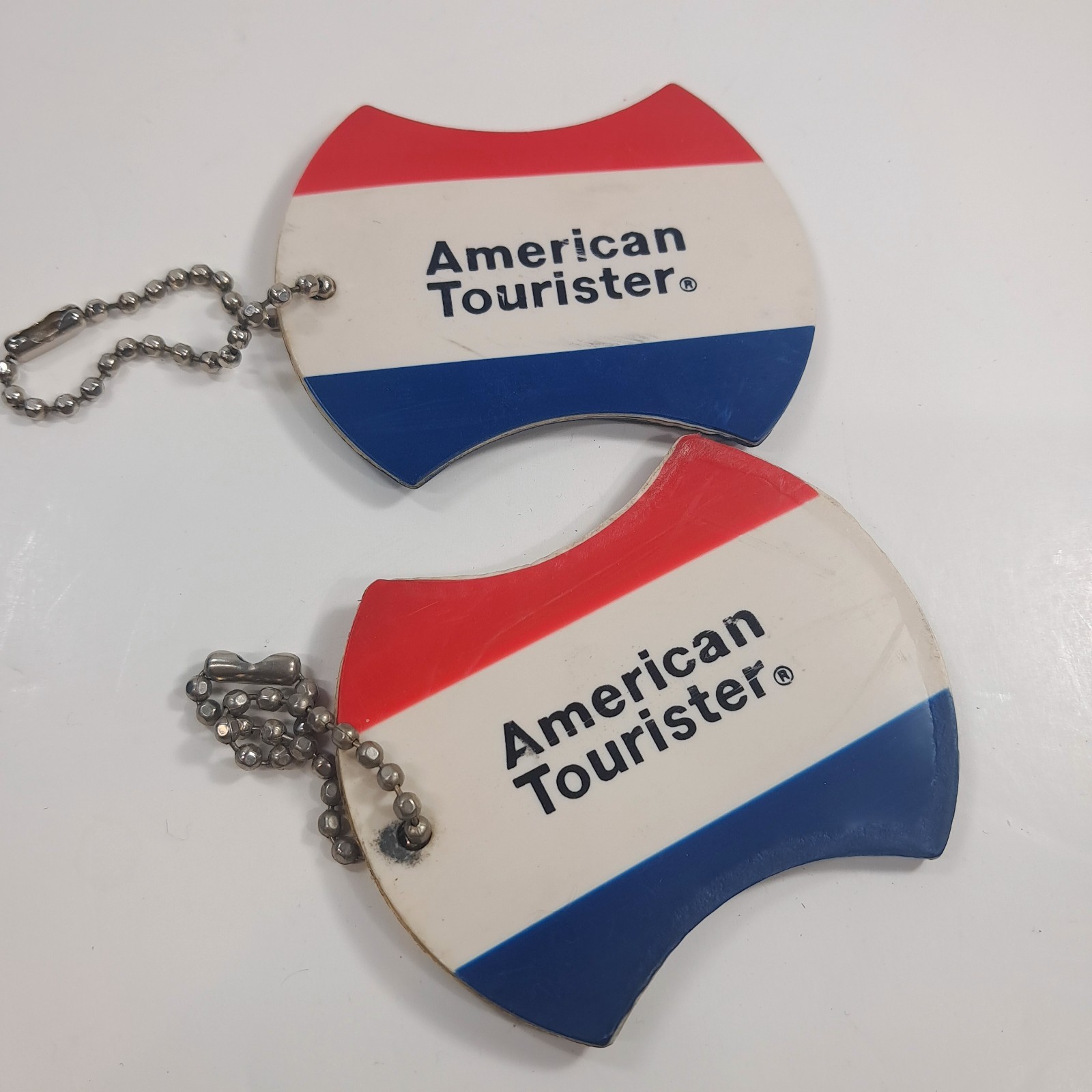 American Tourister luggage tag set 2 plastic Vintage red white blue ball chain