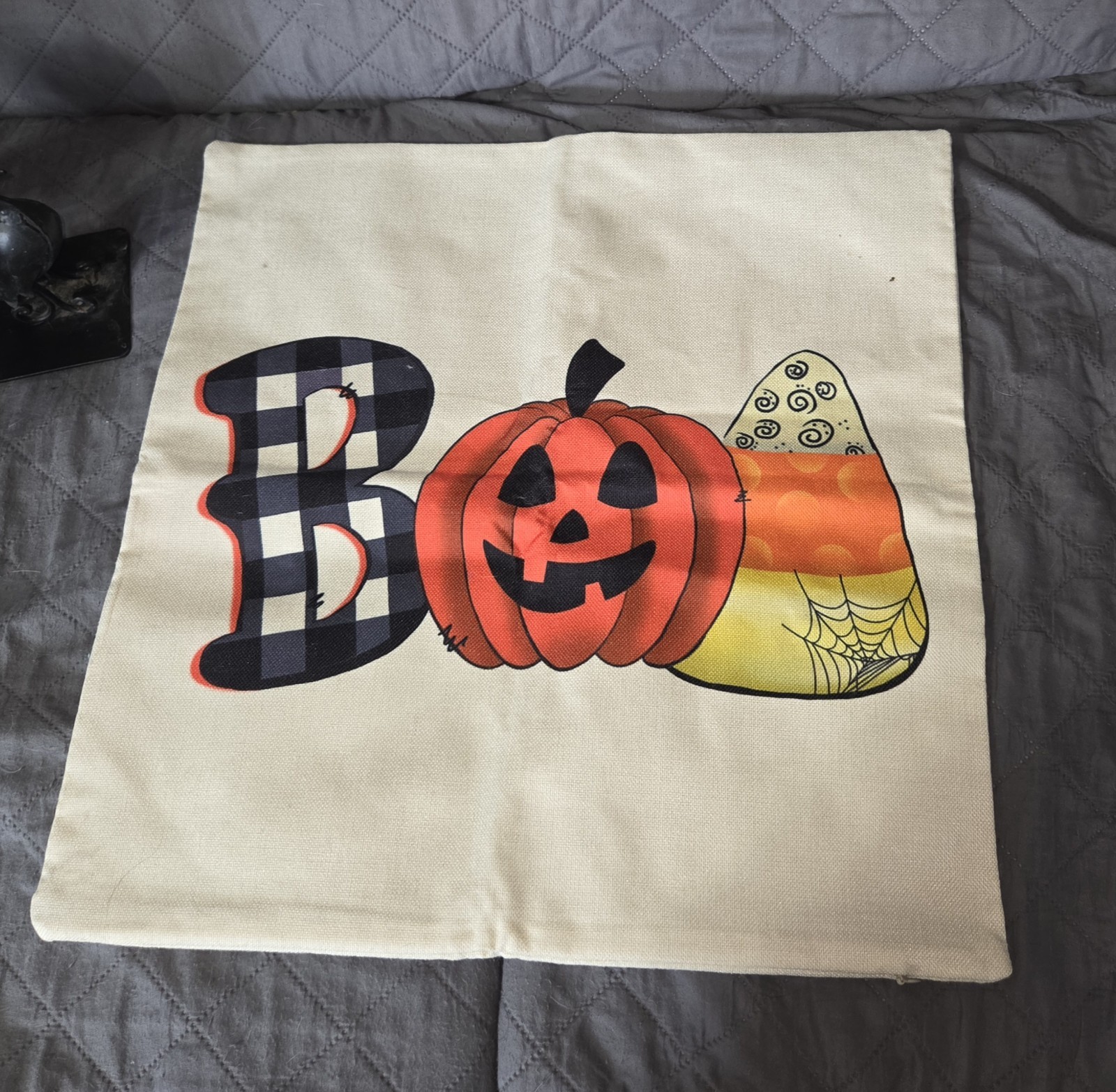 Halloween Orange Black Boo Pillow Cover 18" square pumpkin candy corn