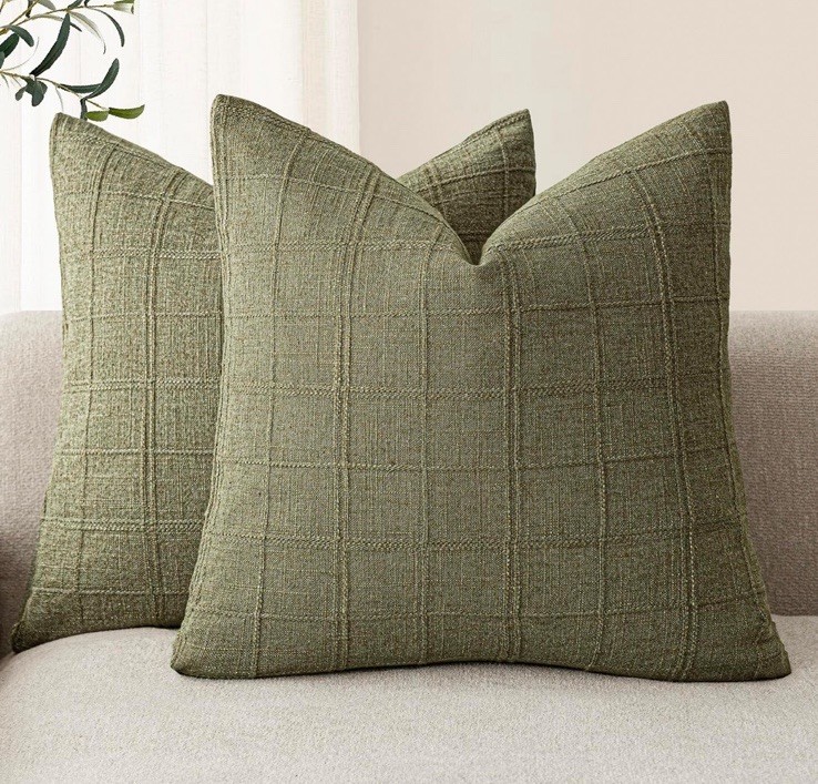 Foindtower Set of 2 Decorative Linen Check Throw Pillow Covers 20x20 Sage Green