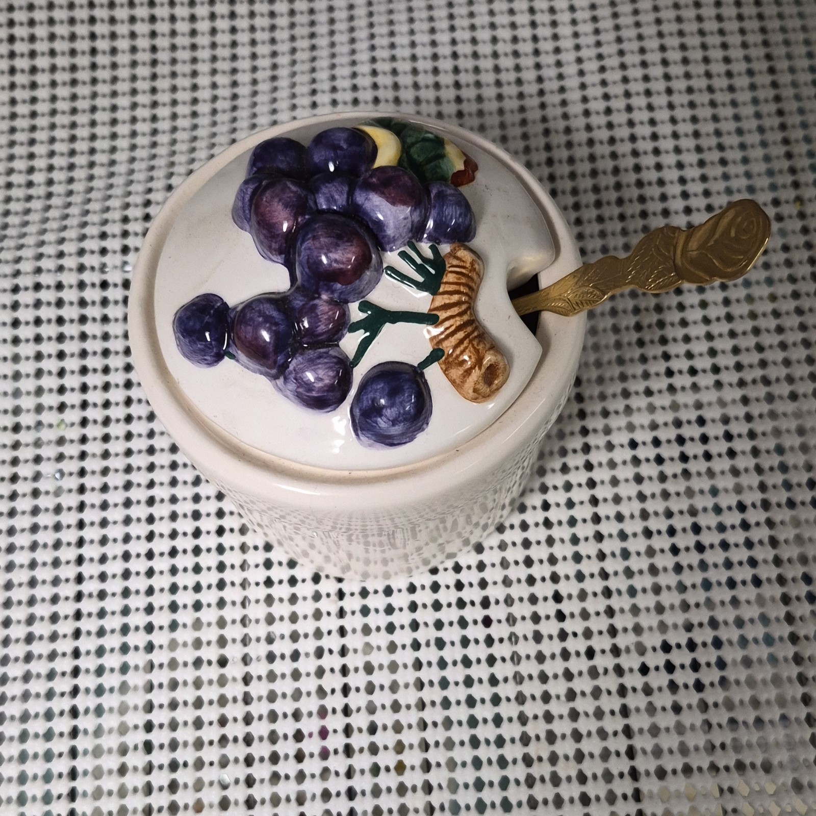 Ceramic Jam Jar with Grape Motif, Lid, Spoon, Glossy Finish, Fruit Pattern