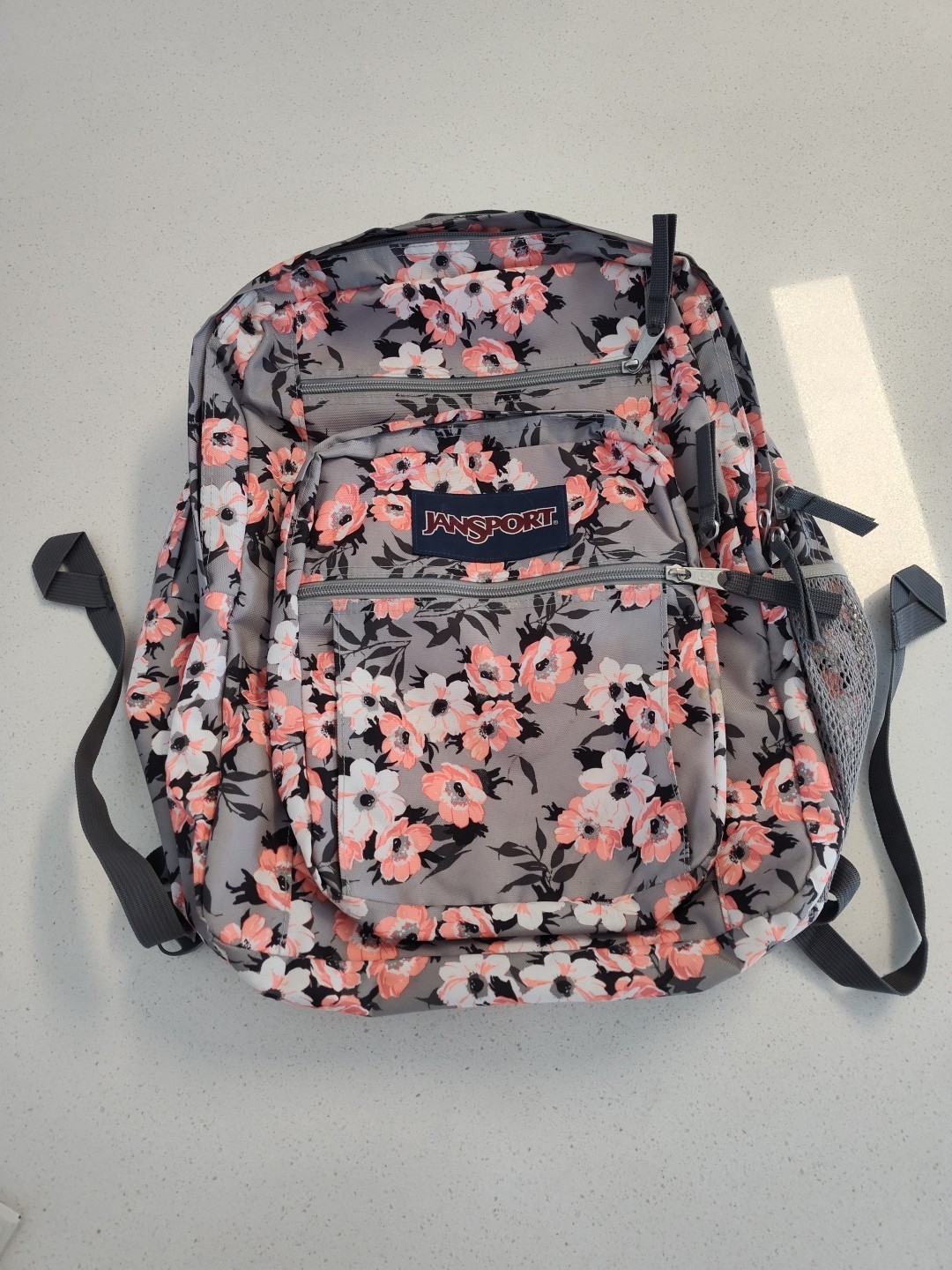 JanSport Gray Backpack with White and Coral Flowers All fabric EUC