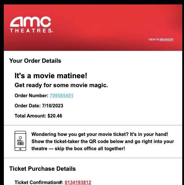 Barbie Movie Tickets AMC 10 - Seat H4 