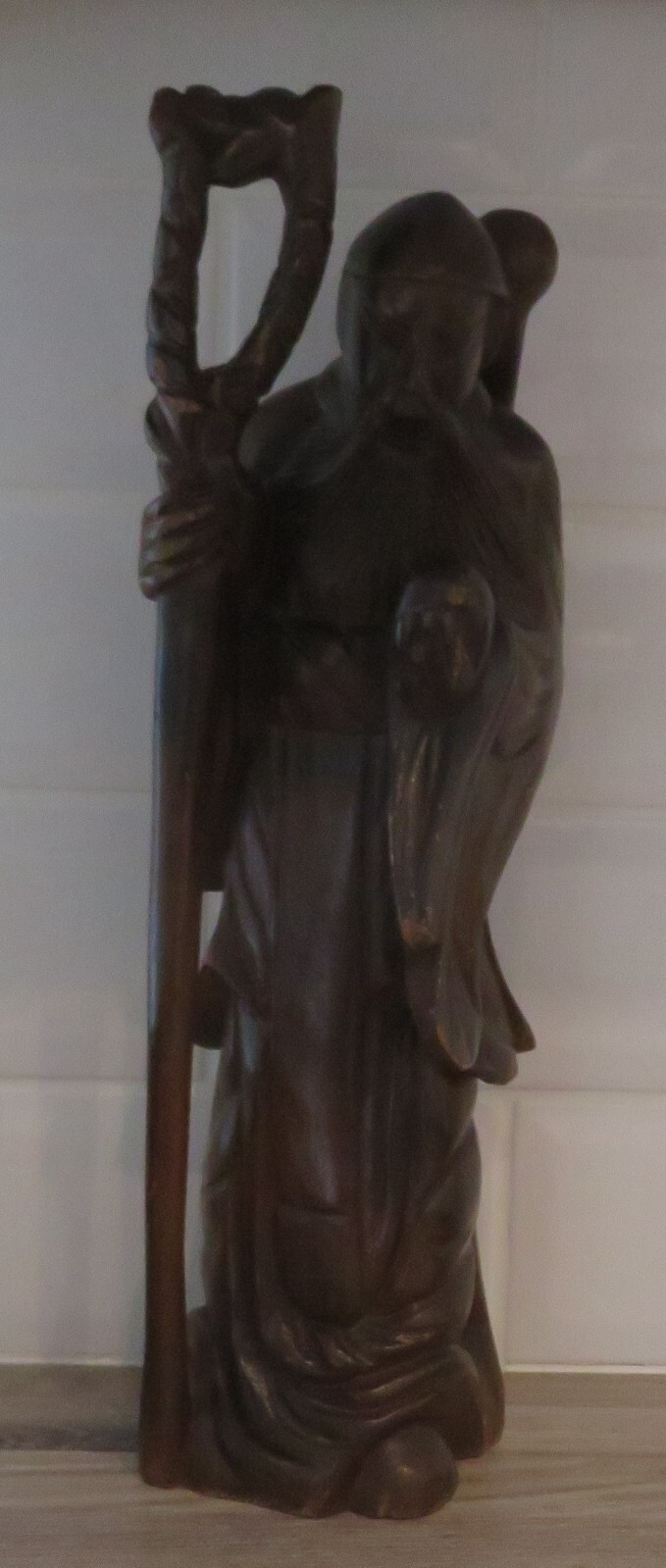 Chinese carved wood vintage Victorian oriental antique tall figurine