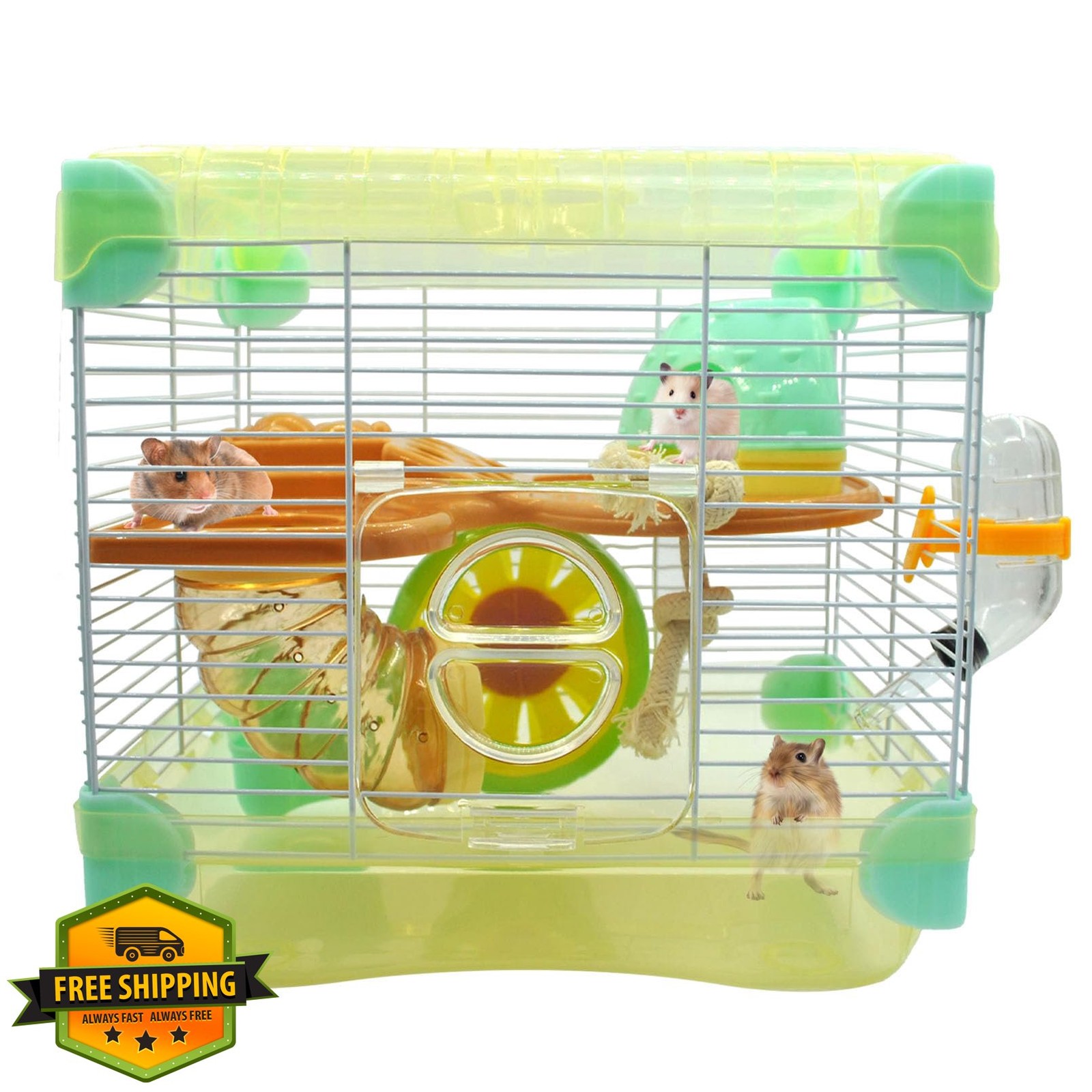 MUYG Hamster Cage Yellow 2 Layer w/ Accessories Wheel Tubes