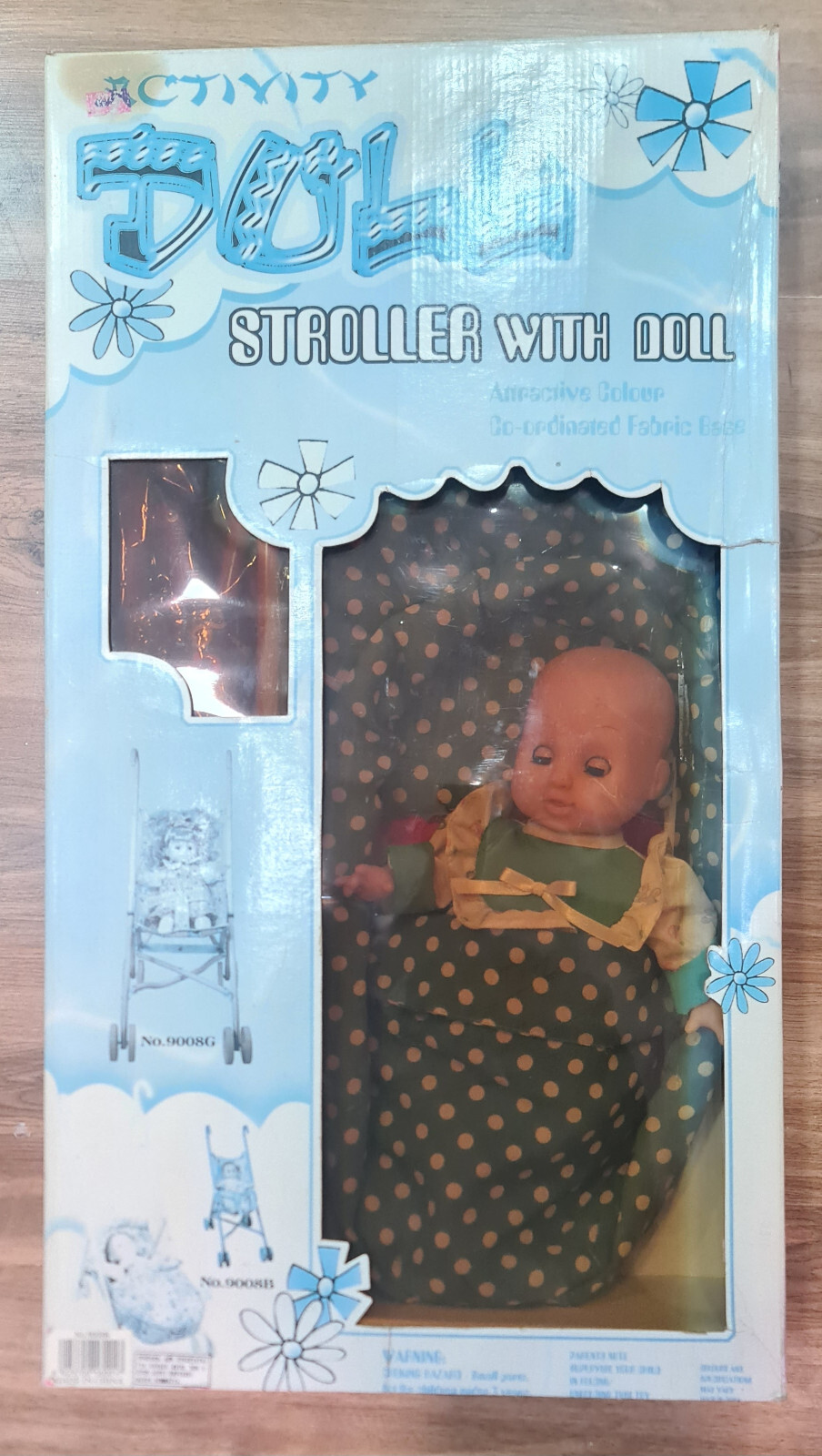 Vintage 90s STROLLER with DOLL-BABY NOS discolored check condition 12.5" tall