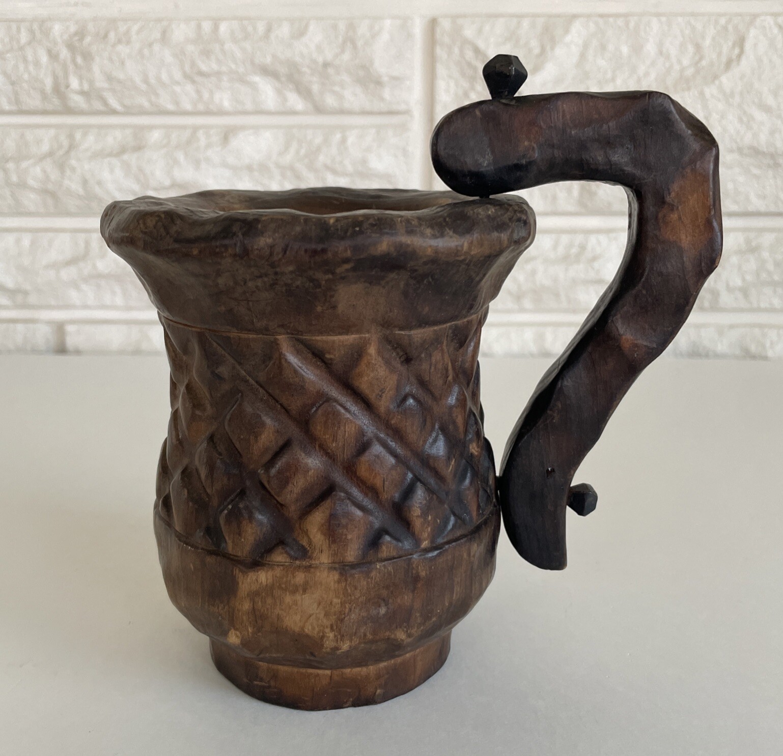 Vintage Primitive Folk Tramp Art Hand Carved Nailed Handle Wooden Mug Stein