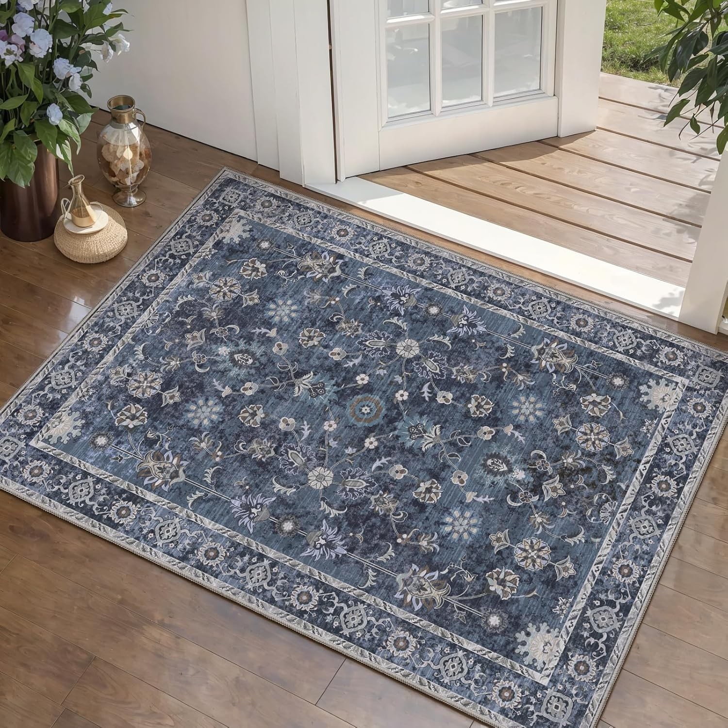 2x3 Washable Entryway Rug Non Slip Vintage Blue Door Mat Kitchen Bedroom