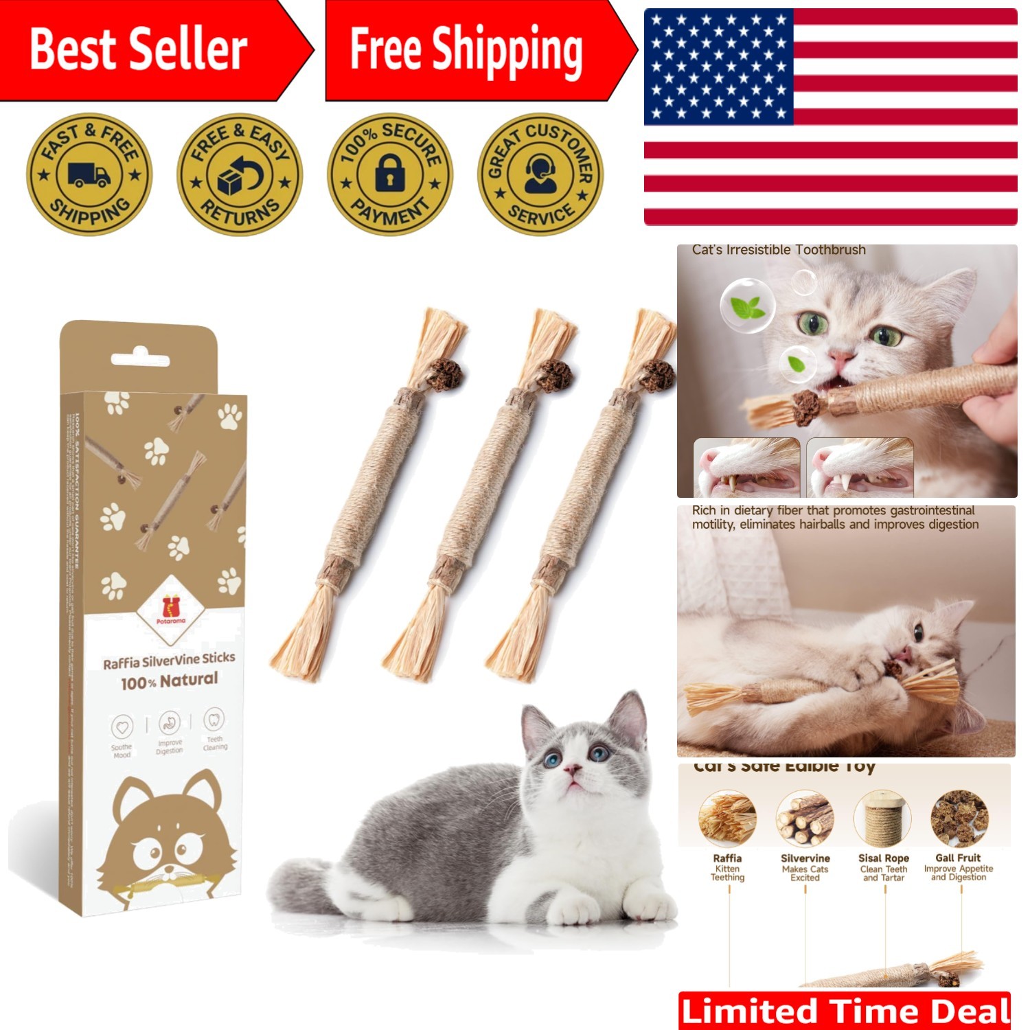 Natural Silvervine Sticks for Cats - 3 Pack of Fun Chew Toys for All Breeds