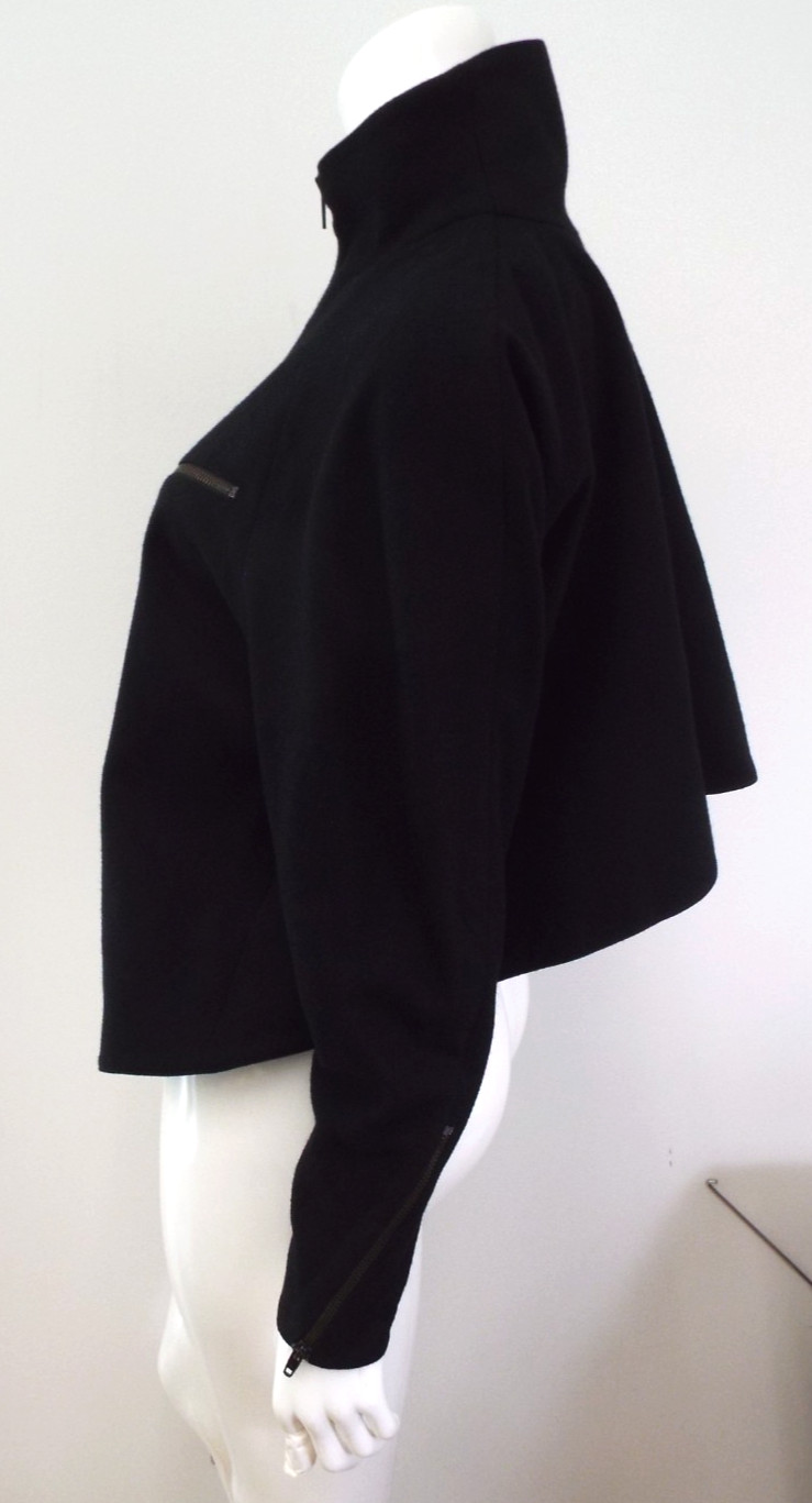 Vintage 1980s Claude Montana Black Wool High Low Zip Jacket Asymmetrical Size 4